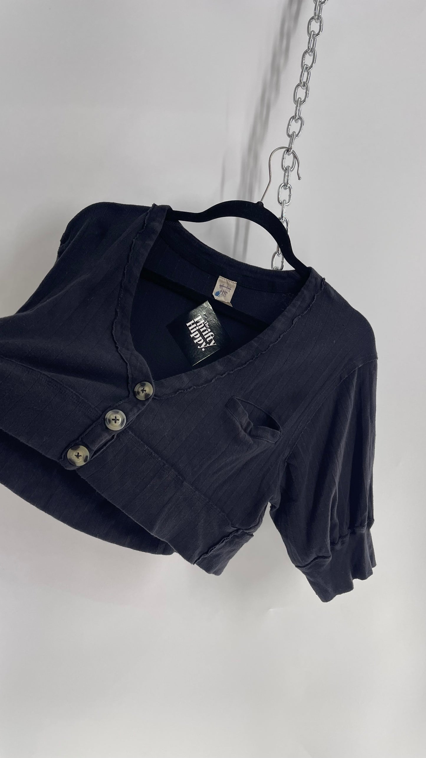 Free People Worn Black/Grey Cropped Baggy Button Front (XS)