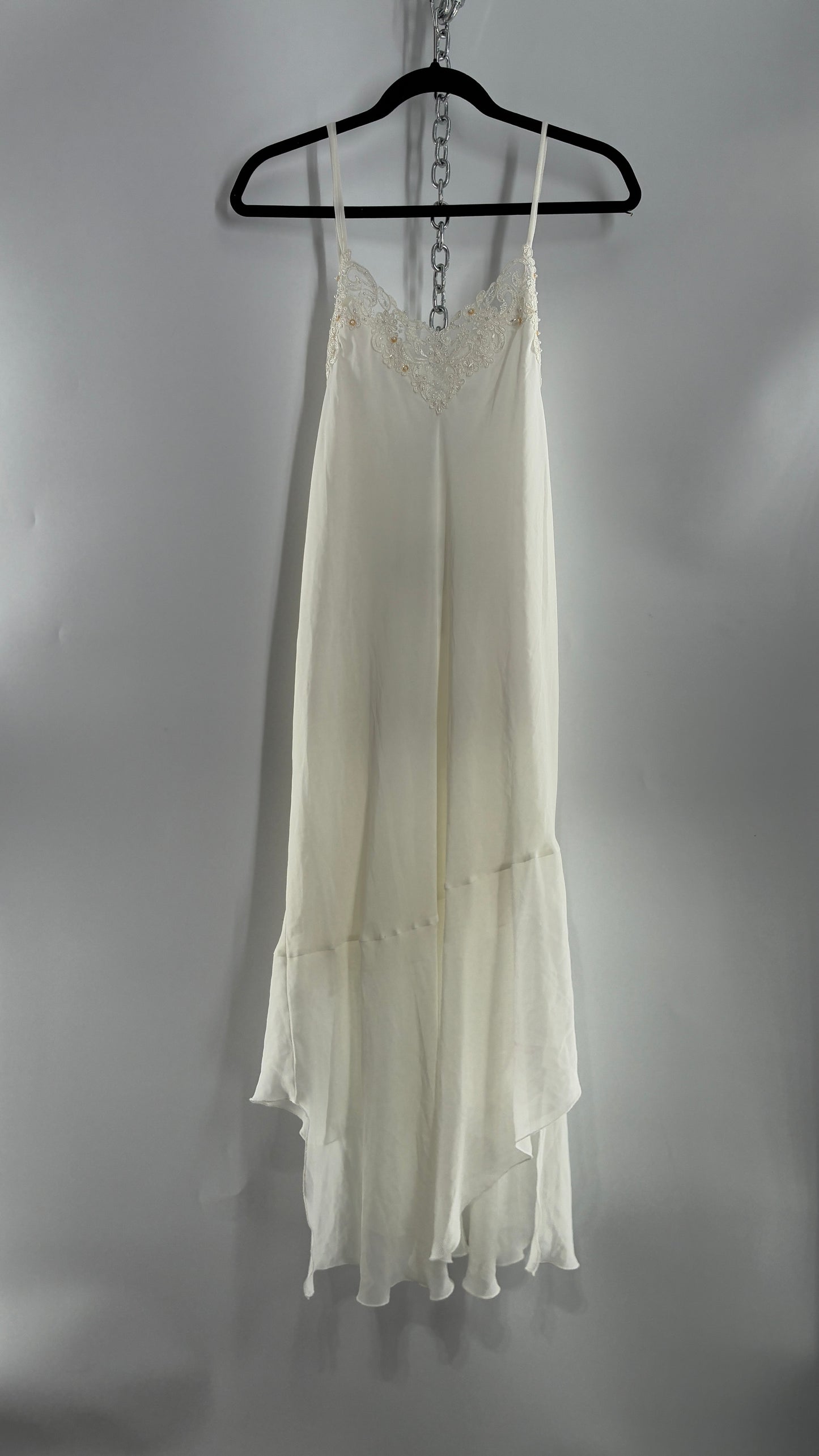 Vintage CALIFORNIA DYNASTY Ivory Maxi Slip Nightgown Dress with Sequin Neckline and Handkerchief Hem (Large)