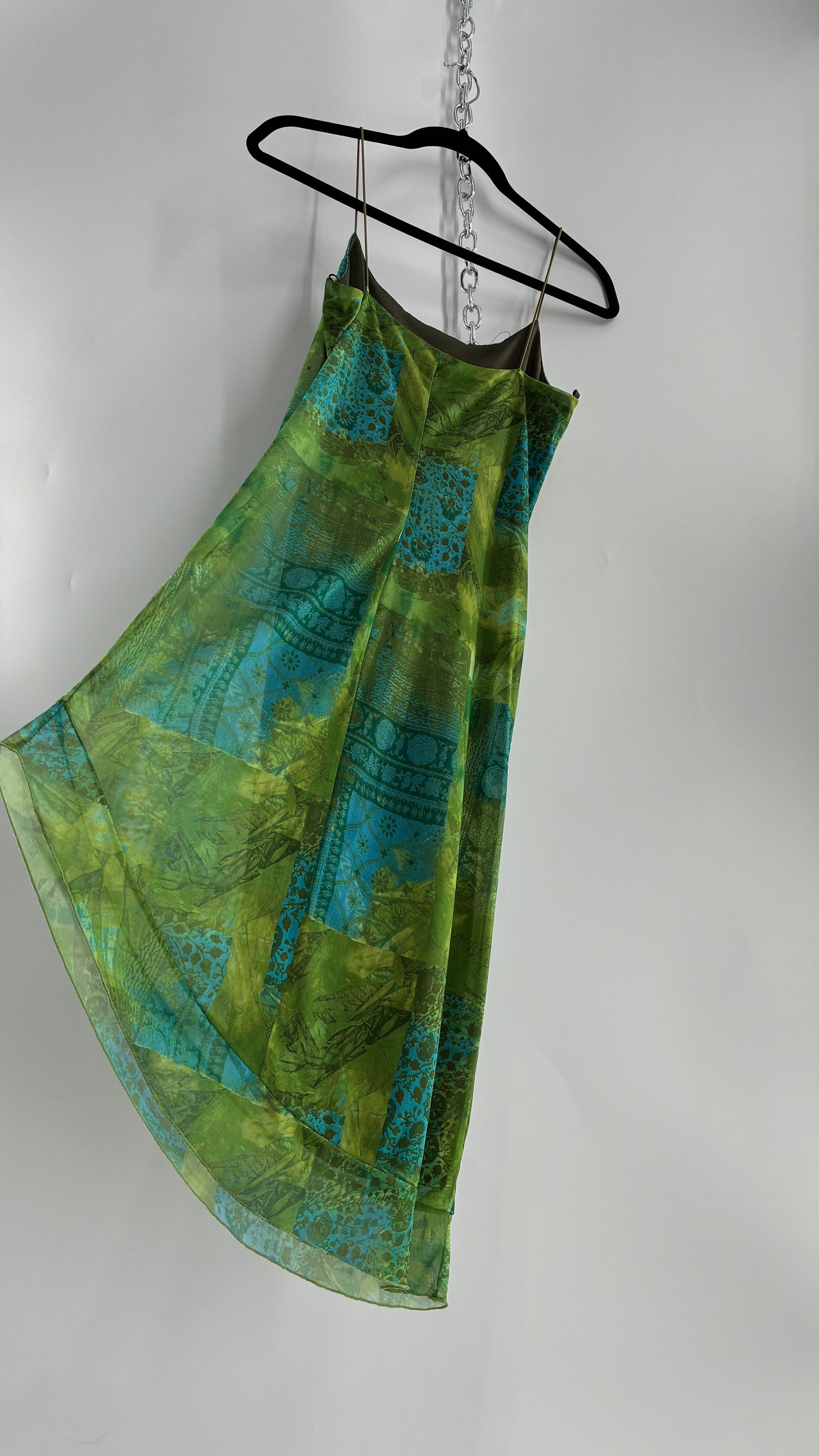 Vintage BYER TOO! CALIFORNIA Green and Blue Patchwork Patterned Midi Dress with Glitter Details and Slanted Cut (Medium)