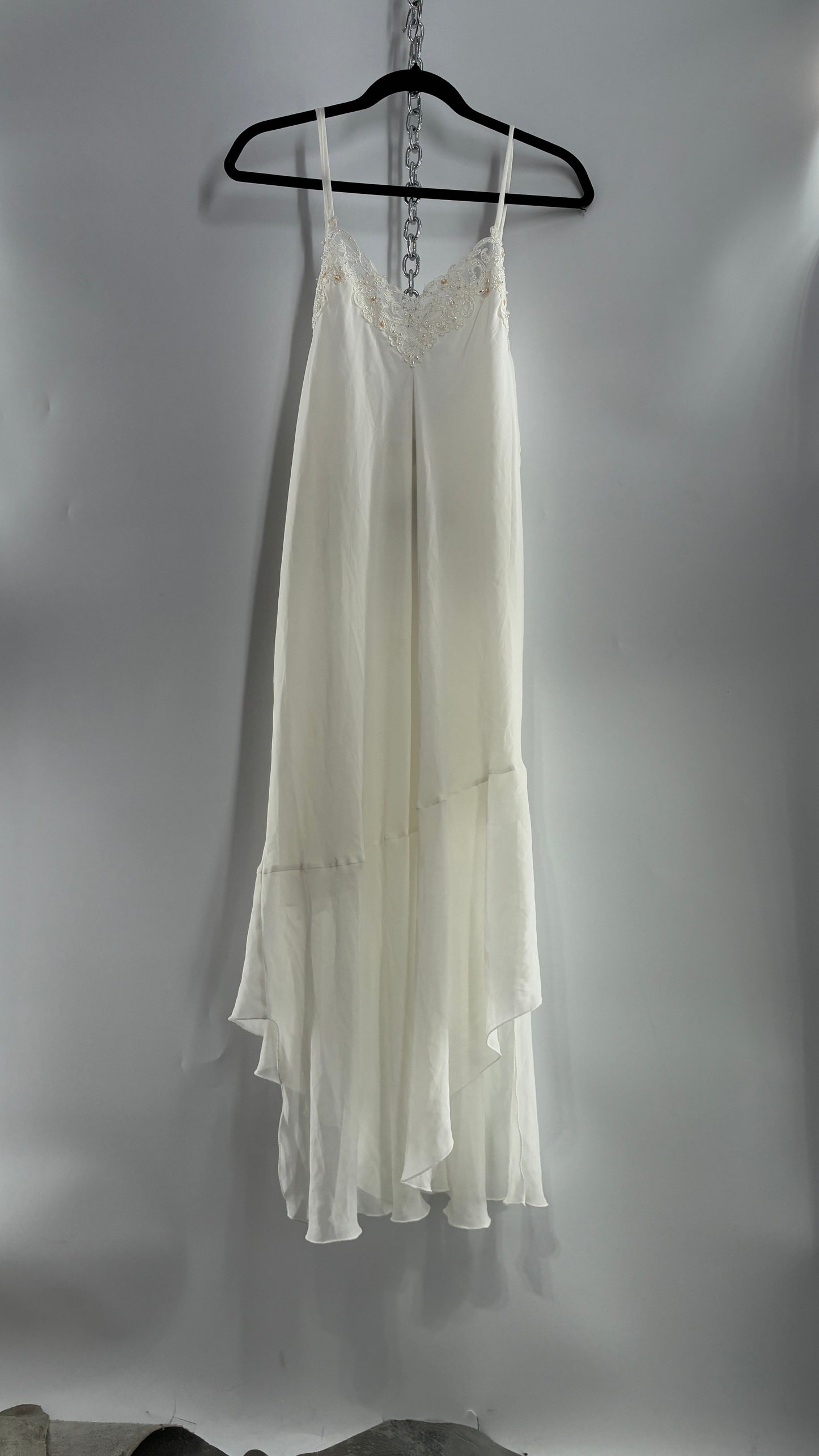 Vintage CALIFORNIA DYNASTY Ivory Maxi Slip Nightgown Dress with Sequin Neckline and Handkerchief Hem (Large)