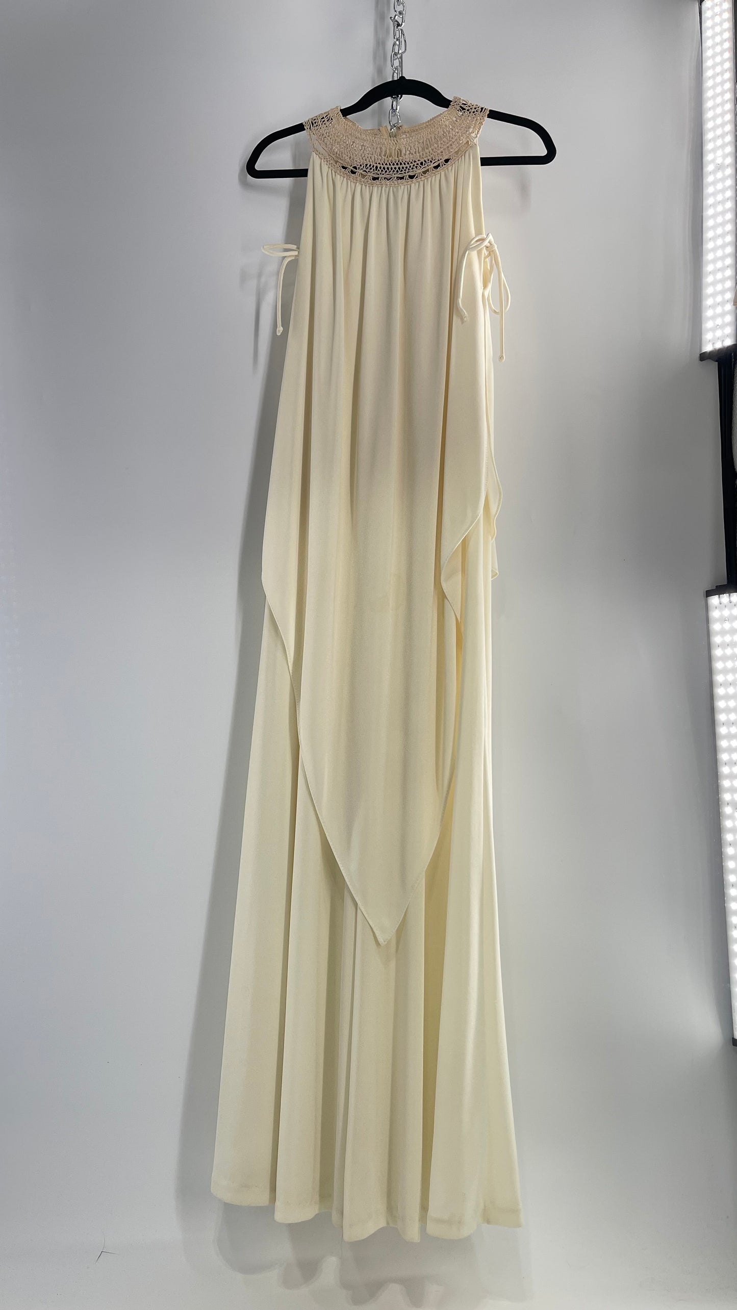 Vintage 1970s Off White Hand Made Goddess Gown with Draping Details, Tie Underarm, Pleated Body and Crochet/Macrame Neckline Detail (XS/S)