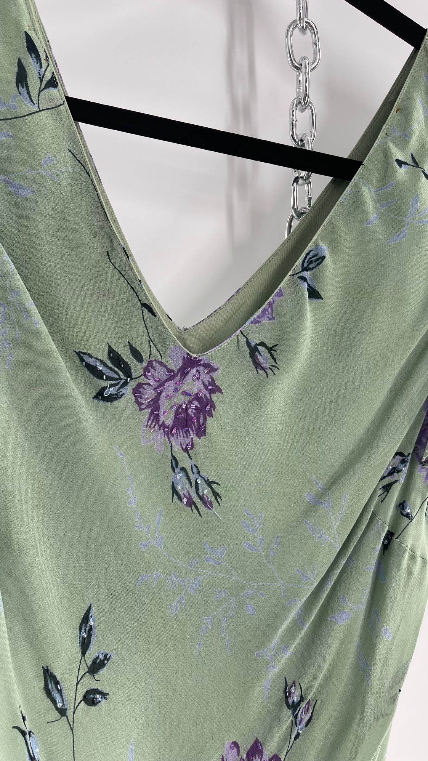 Vintage 1990s EVA BLUE Sage Green  Dress with Purple Beaded Florals and Handkerchief Hem(16)