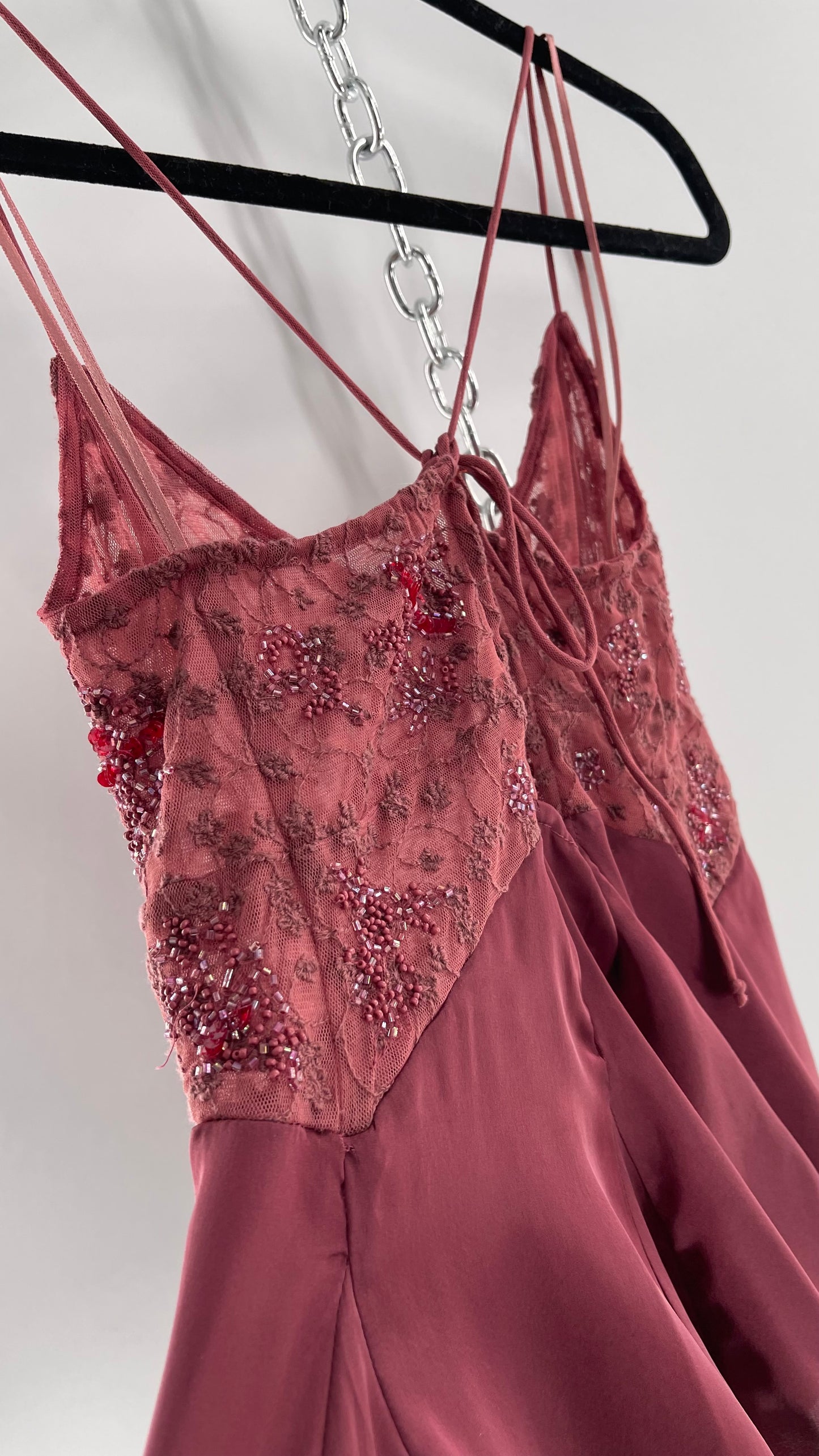 Free People Purple Beaded Bust, Lacy, Silky Fairy Tank with Extra Bead Pouch(Small)