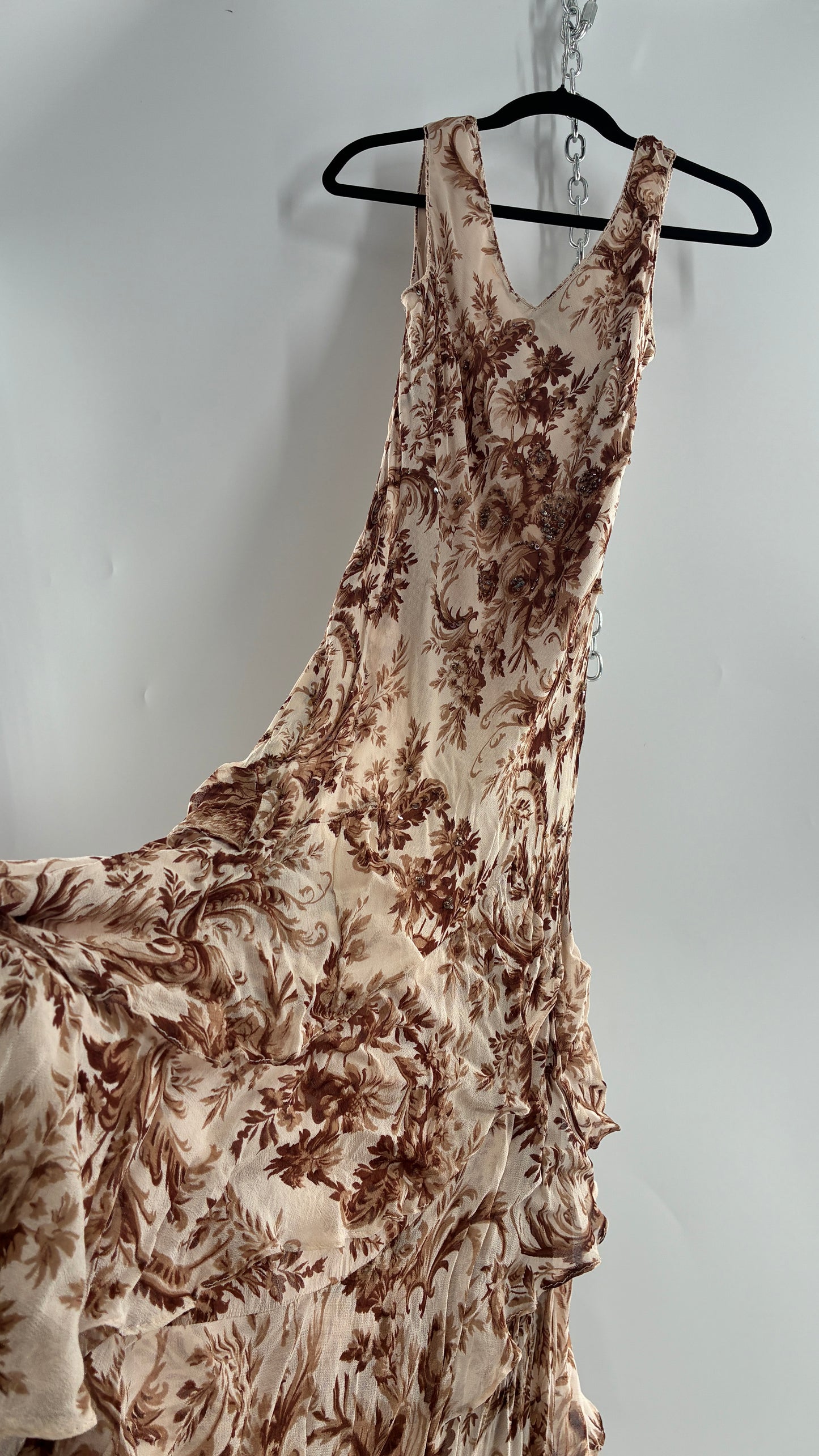 Vintage MAJICK 1990s Brown Floral, Asymmetric Ruffled Hem Gown with Embroidered Sequin Details (Medium)