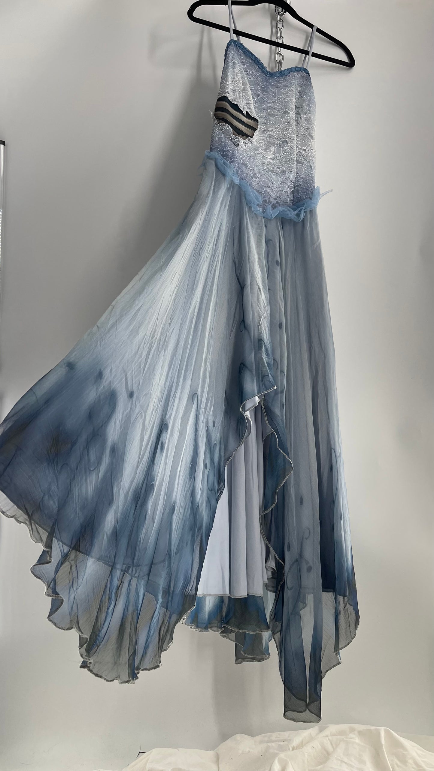 Vintage Muted Blue Corpse Bride Style Gown with Tulle, Embroidery and Ombré