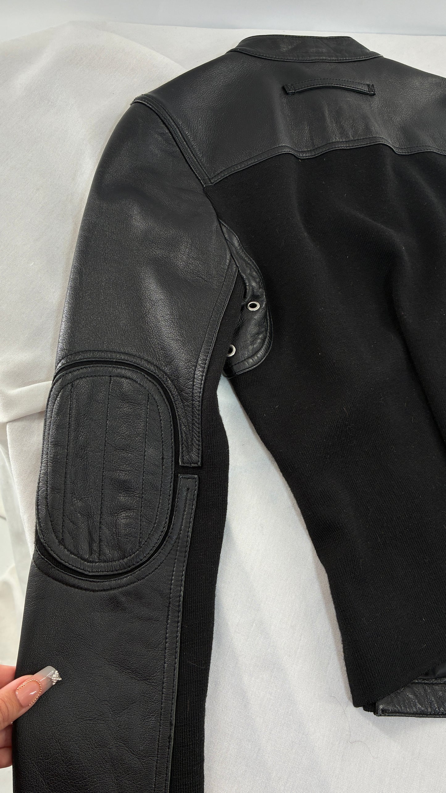 Vintage INC Black Genuine Leather and Wool Blend Paneled Patch Motorcycle Jacket (Medium)