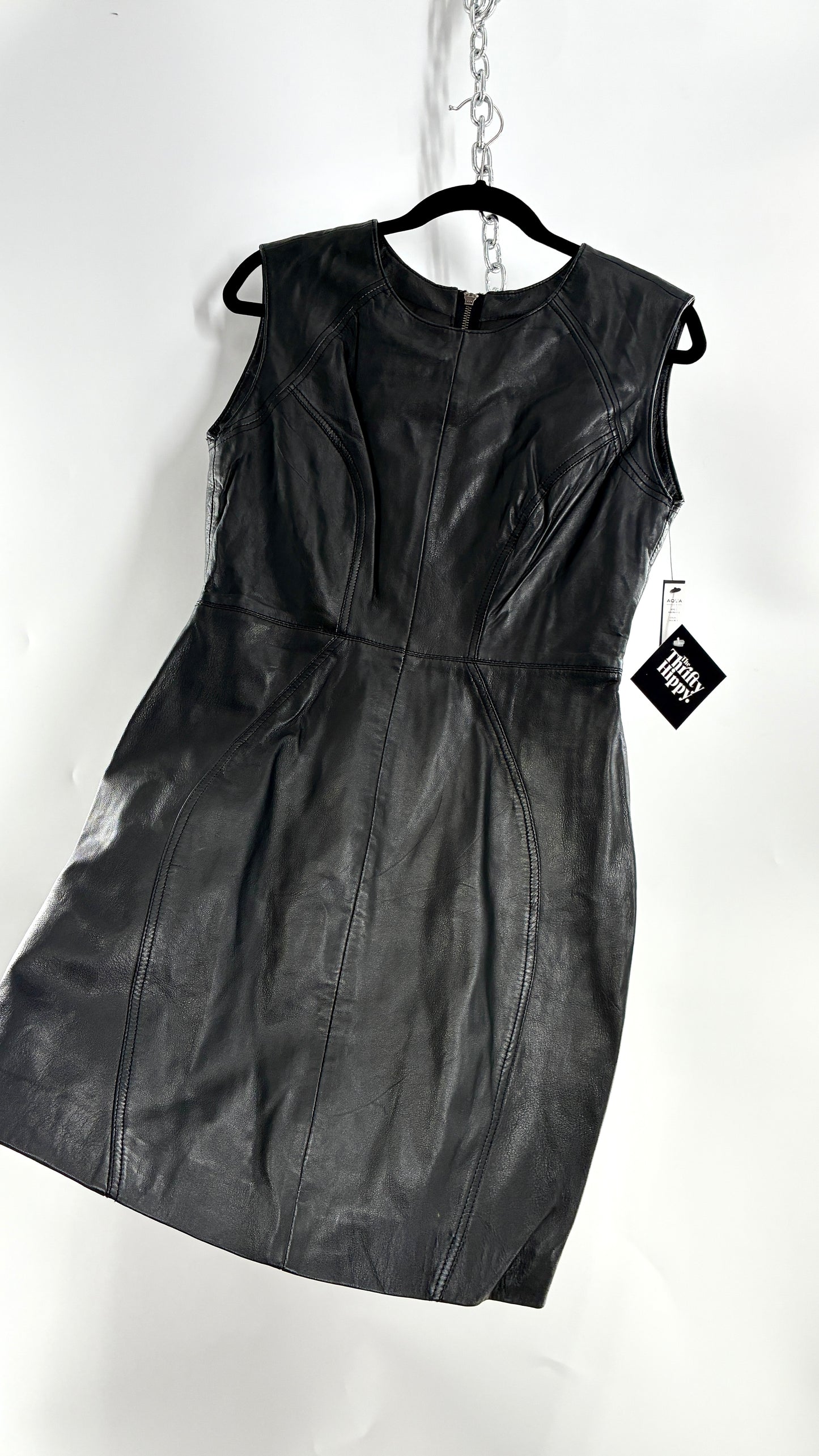 AQUA LUXE Black Leather Bodycon Paneled Dress with Tags Attached (Small)