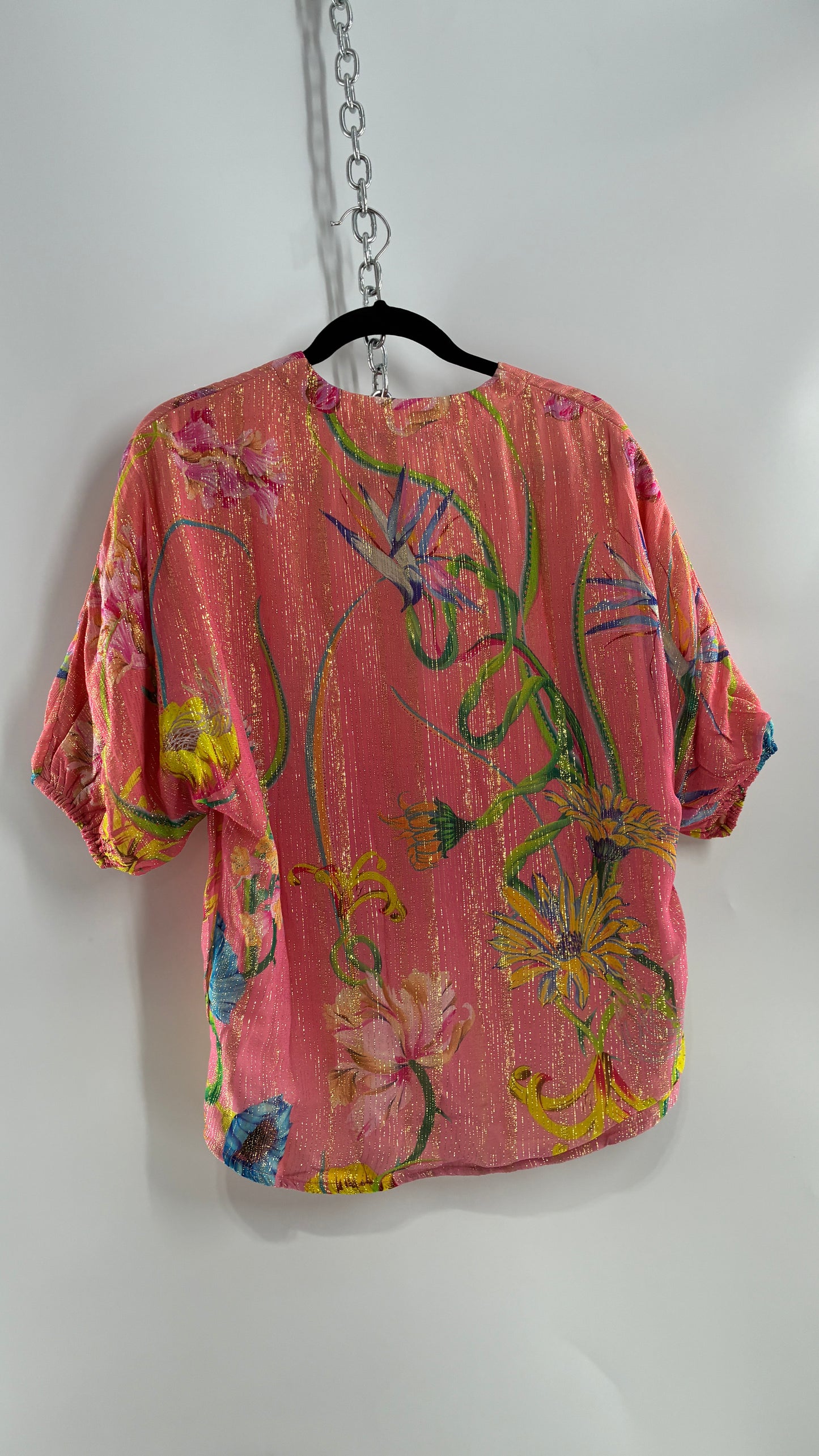 JUST BELLINA Pink Tropical Patterned Puff Sleeve Blouse with Gold Threading and Tags Attached (Small)