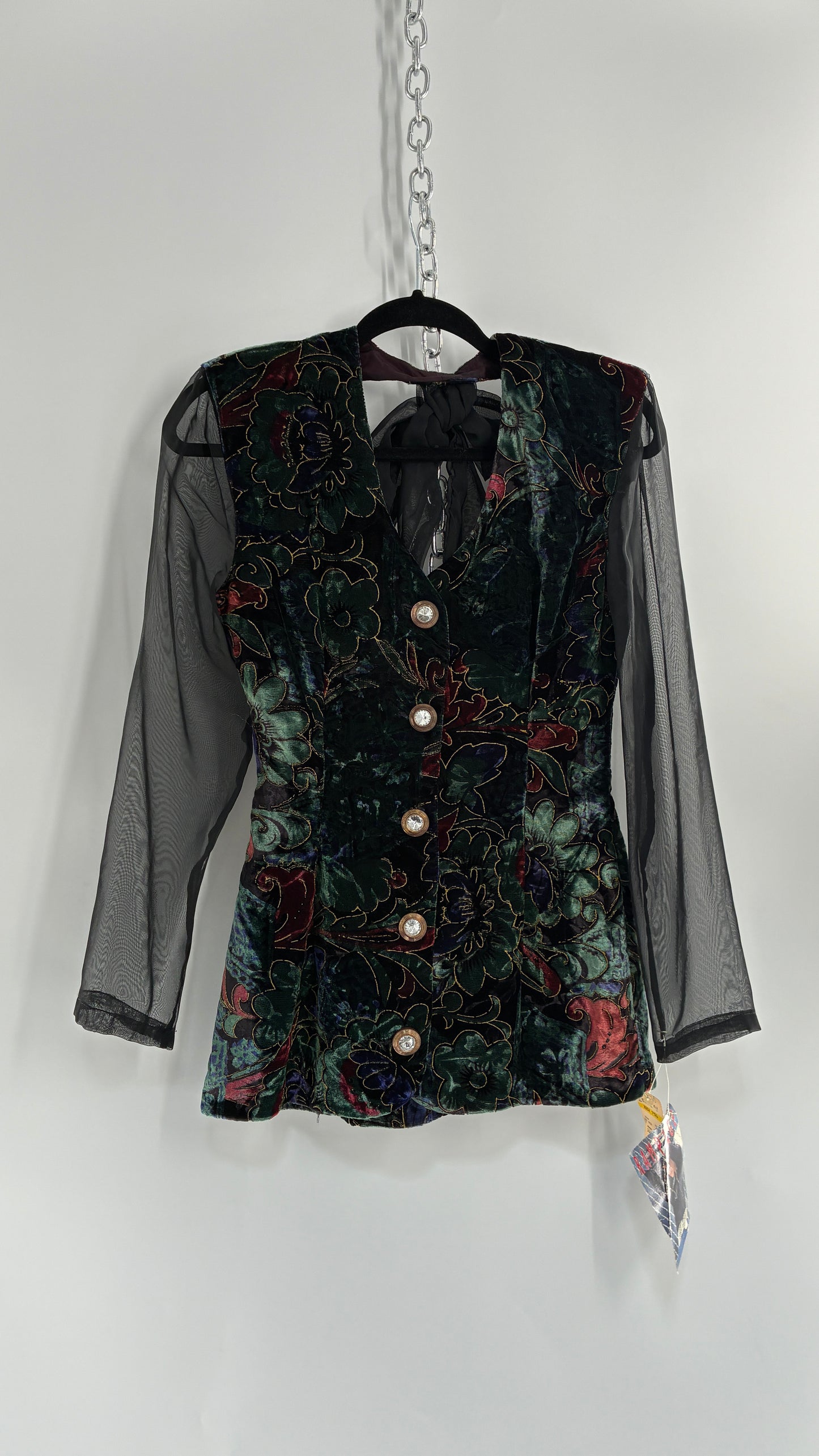 Deadstock Vintage RAMPAGE 1980s Micro Mini Dress Velour with Sheer Bubble Sleeves, Open Back, Elaborate Crystal Buttons and Bow Back Detail (Small)