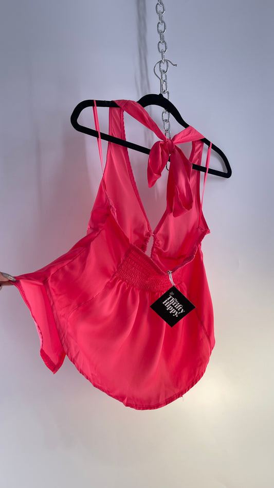 Free People Hot Pink Silky Vented Halter with Silver Metal Bust Detail (Small)