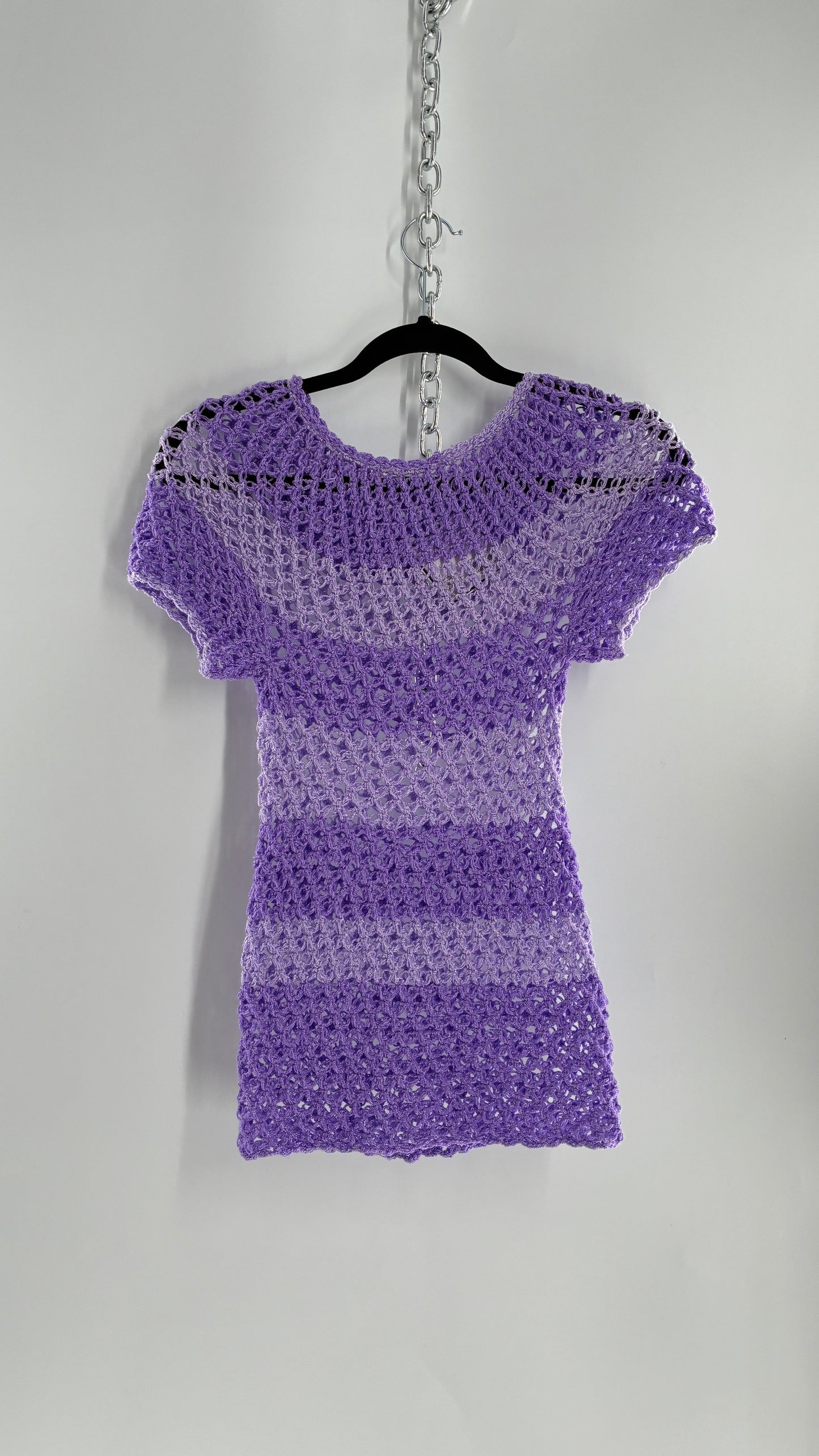 Vintage Handmade Striped Lilac and Purple Crochet Puff Sleeve Top (Small)