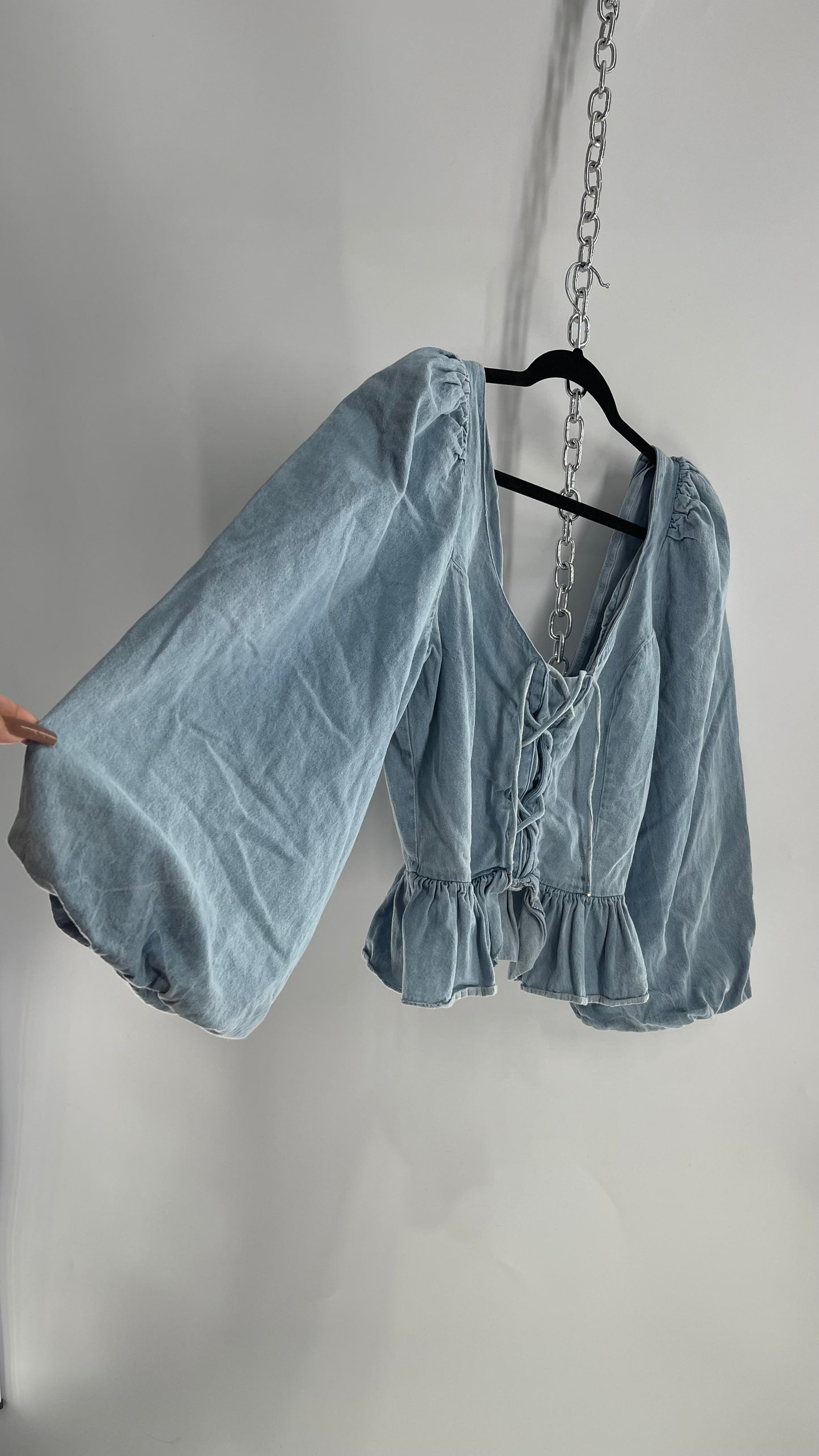 Love the Label Light Wash Denim Puff Sleeve, Ruffled Waist, Tie Bust Blouse (Large)