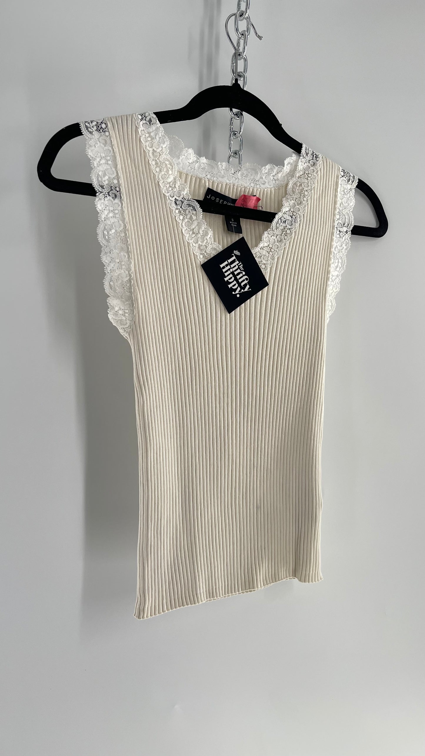 Vintage Josephine Chaus Ribbed Beige Tank with Lace Lining (Small)