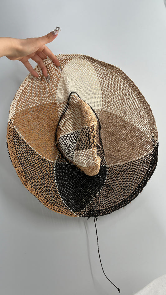 Vintage Oversized Straw Color Block Neutral Sun Hat