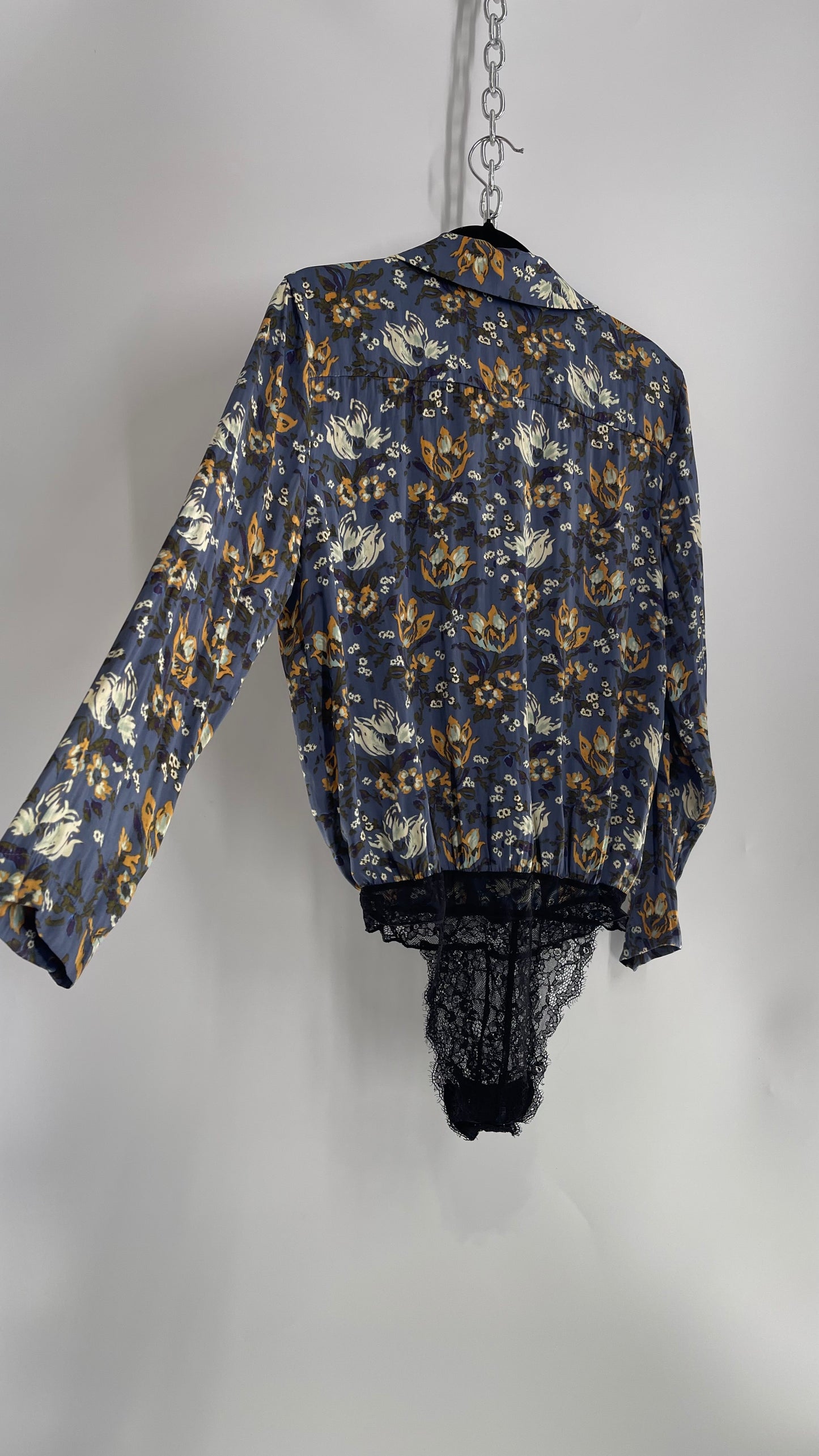 Free People Blue Floral Silky Bodysuit with Plunging Lapels (XS)