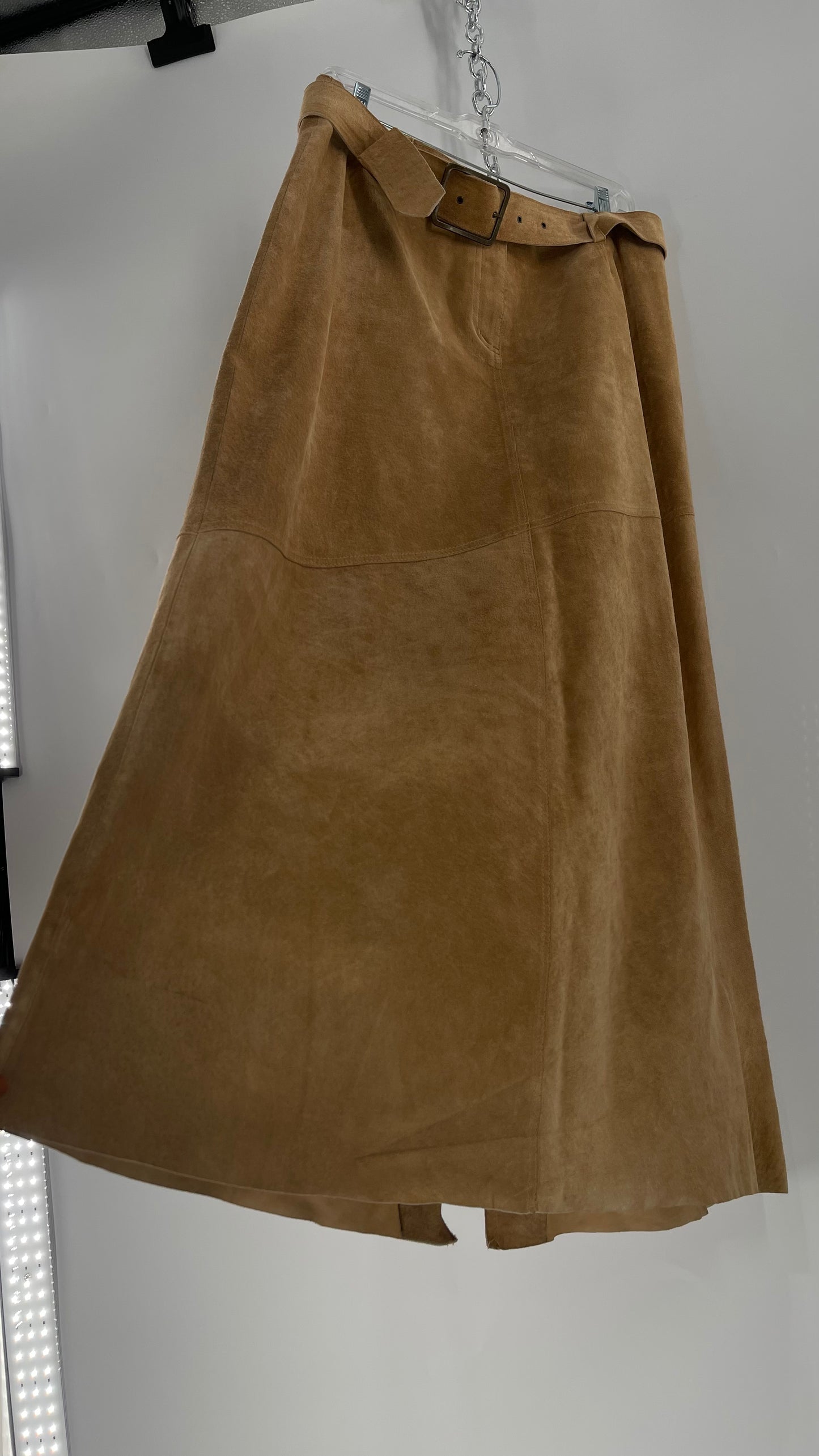 Vintage Margaret Godfrey Tan Suede Low Rise Full Length Skirt with Grommet Belt (14)
