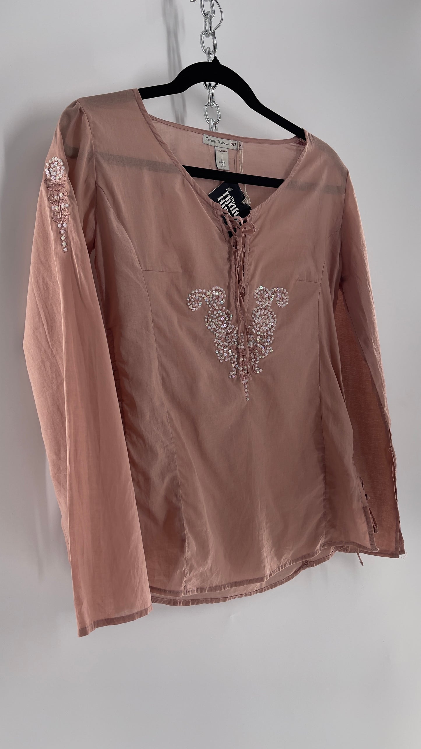 Vintage Coronel Tapioca Dusty Pink Tunic with Beaded Designs and Lace Up Sides (Medium)