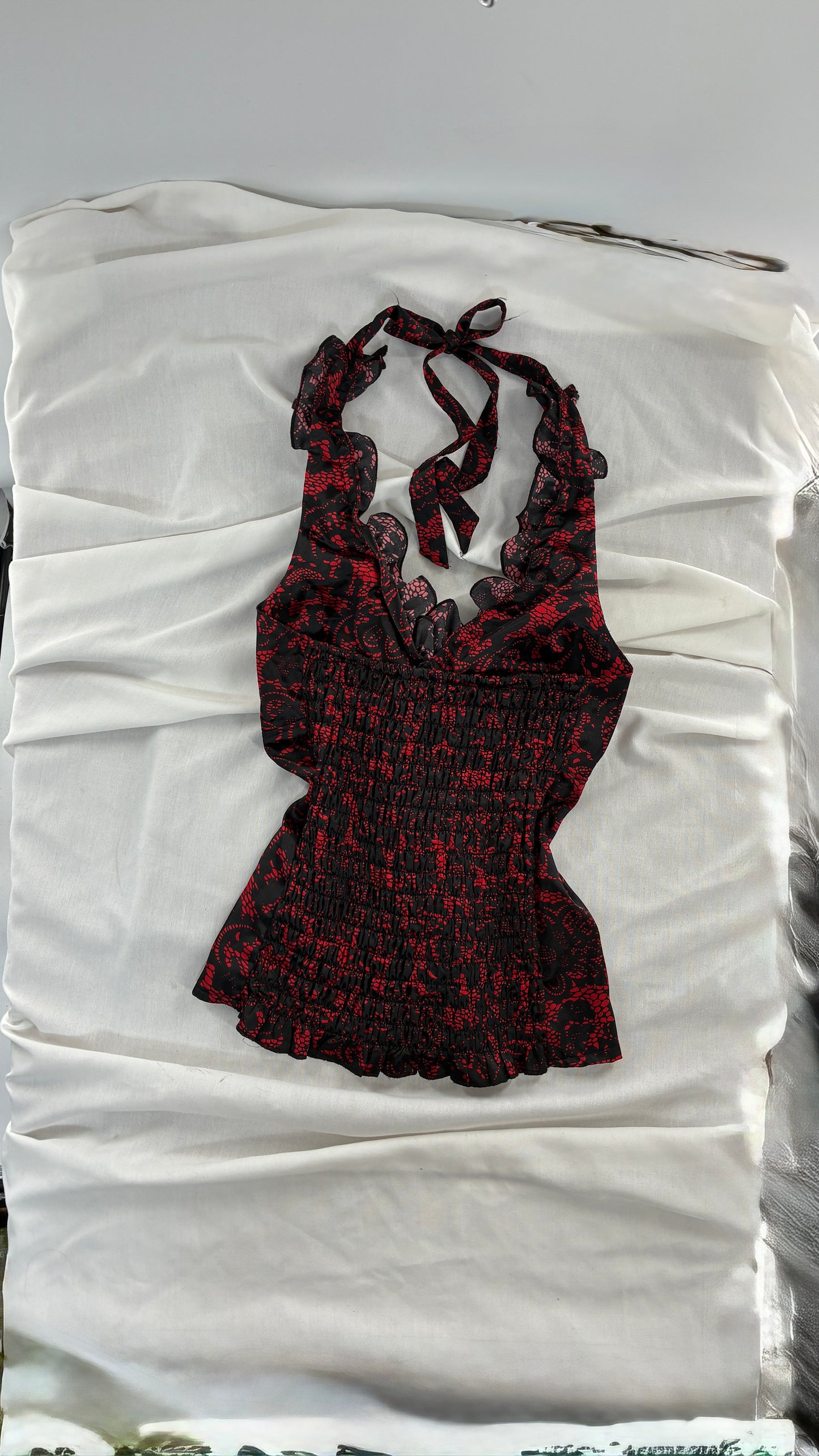 Vintage MYTH Red Black Lace Print Ruffle Halter with Padding (Medium)