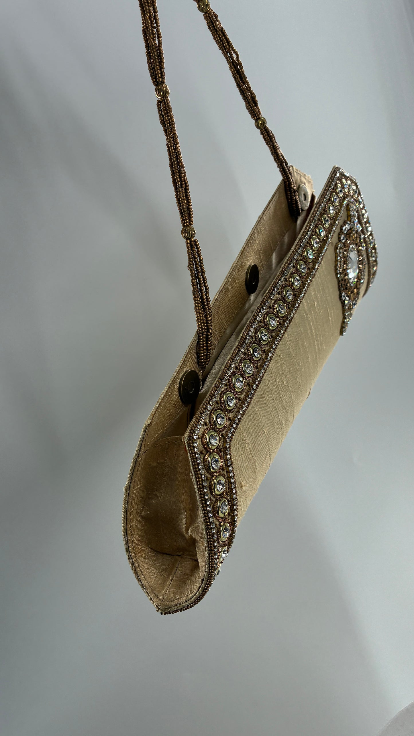 Vintage 1990s Asymmetric Gold Purse with Beading and Rhinestone Detailing