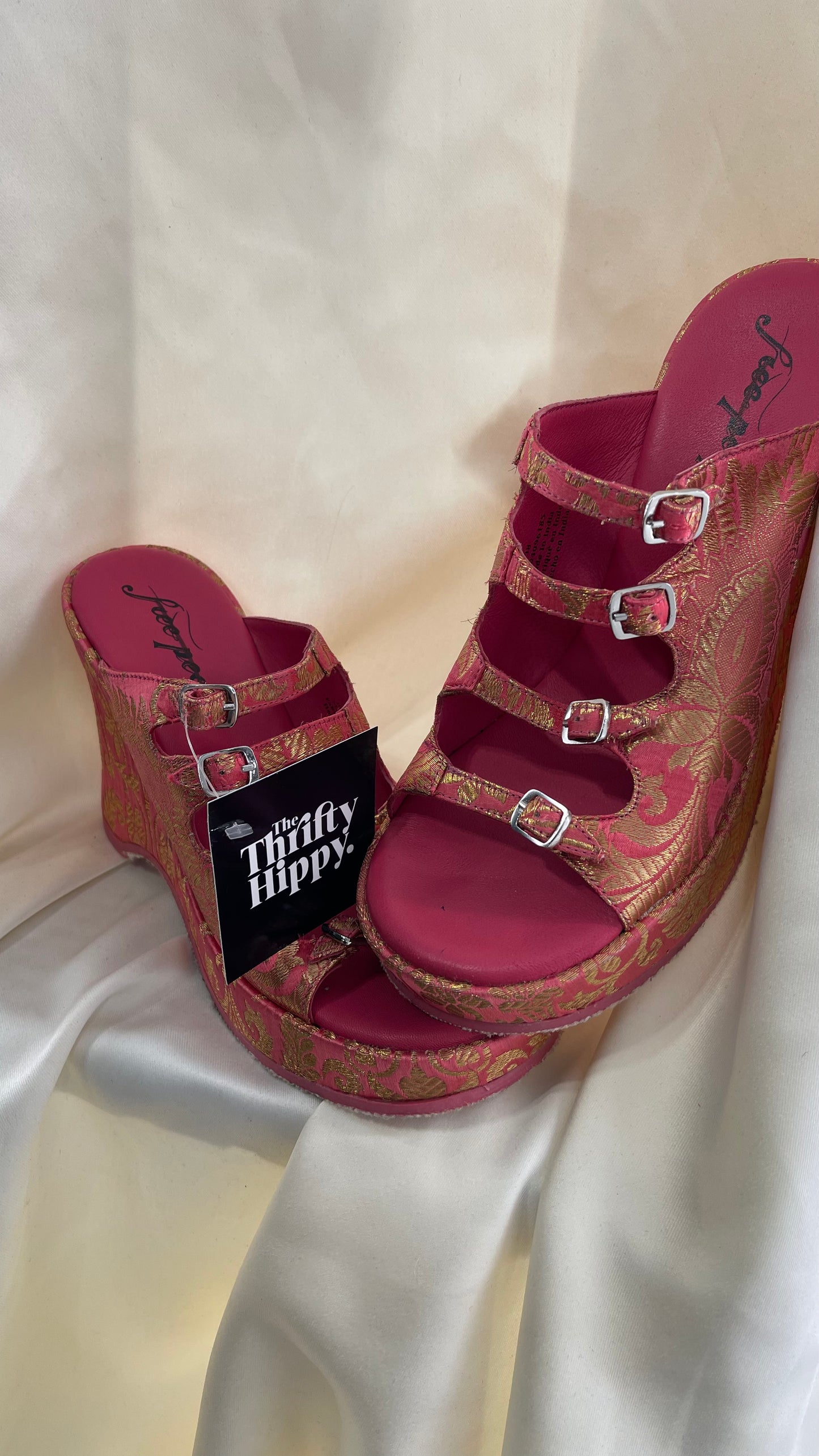 Free People Hot Pink Hoffman Buckle Front Wedge Heels with Satin Gold Paisley/Brocade Pattern (37)