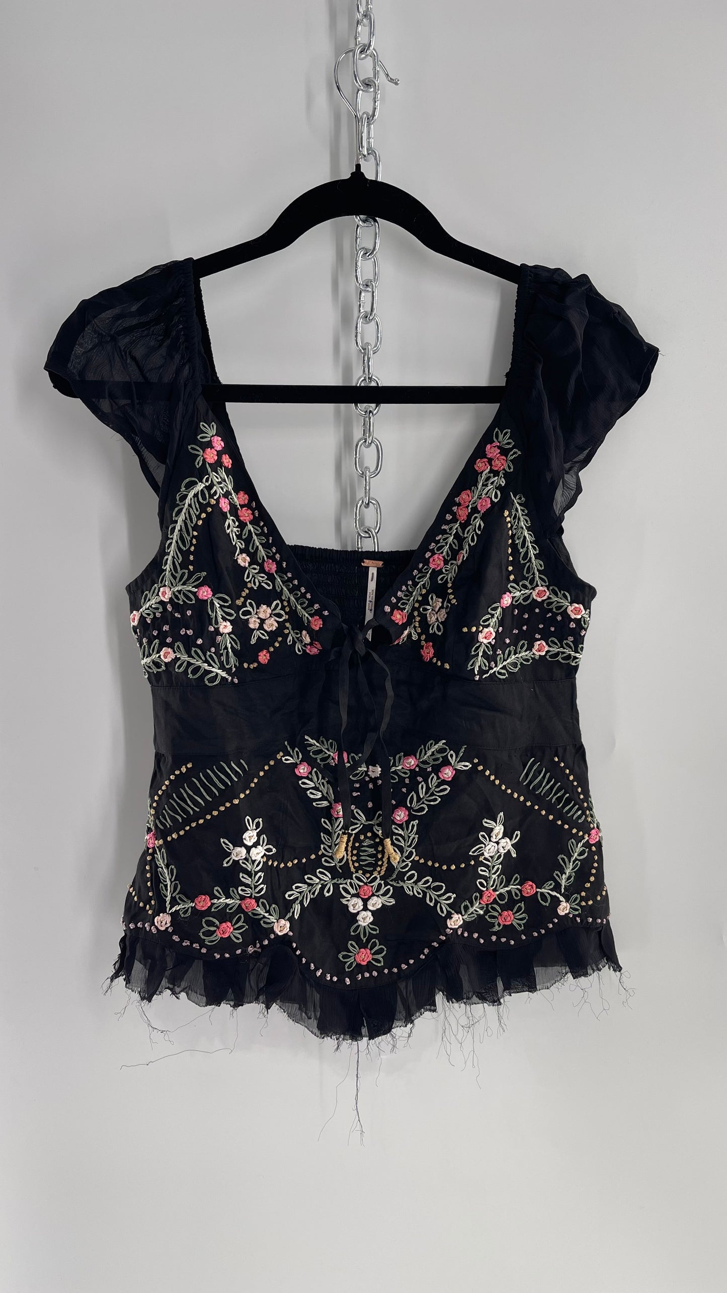 Free People Black Embroidered Tunic Blouse (XS)