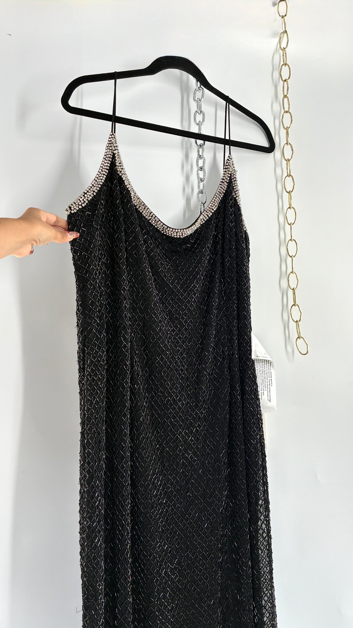 Vintage MAC DUGGAL Black Beaded Spaghetti Strap Column Gown with Tags Attached (16)
