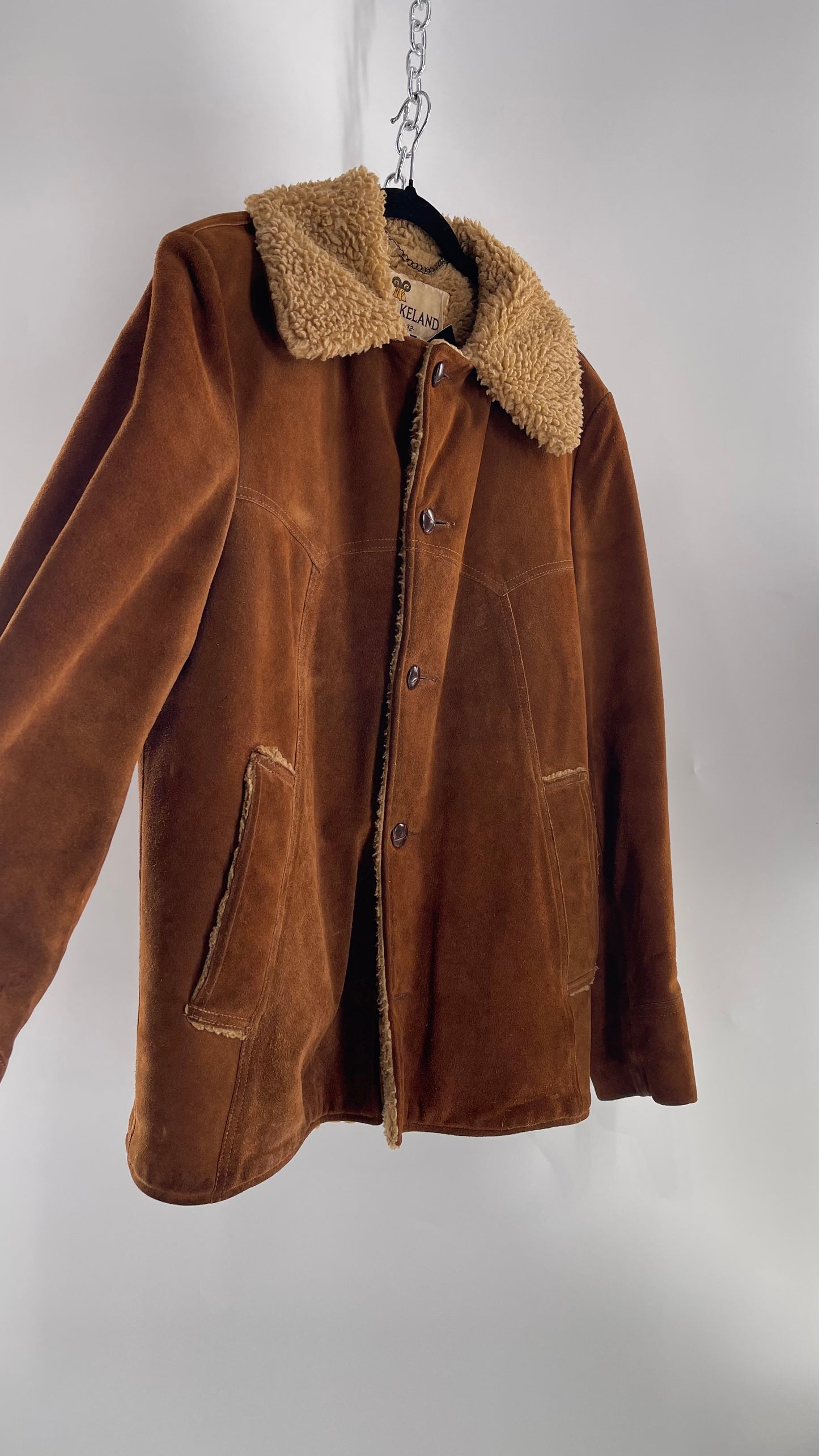 Vintage Heavy Duty Genuine Suede Leather Coat with Teddy Sherpa Lining (C) (Large/42)