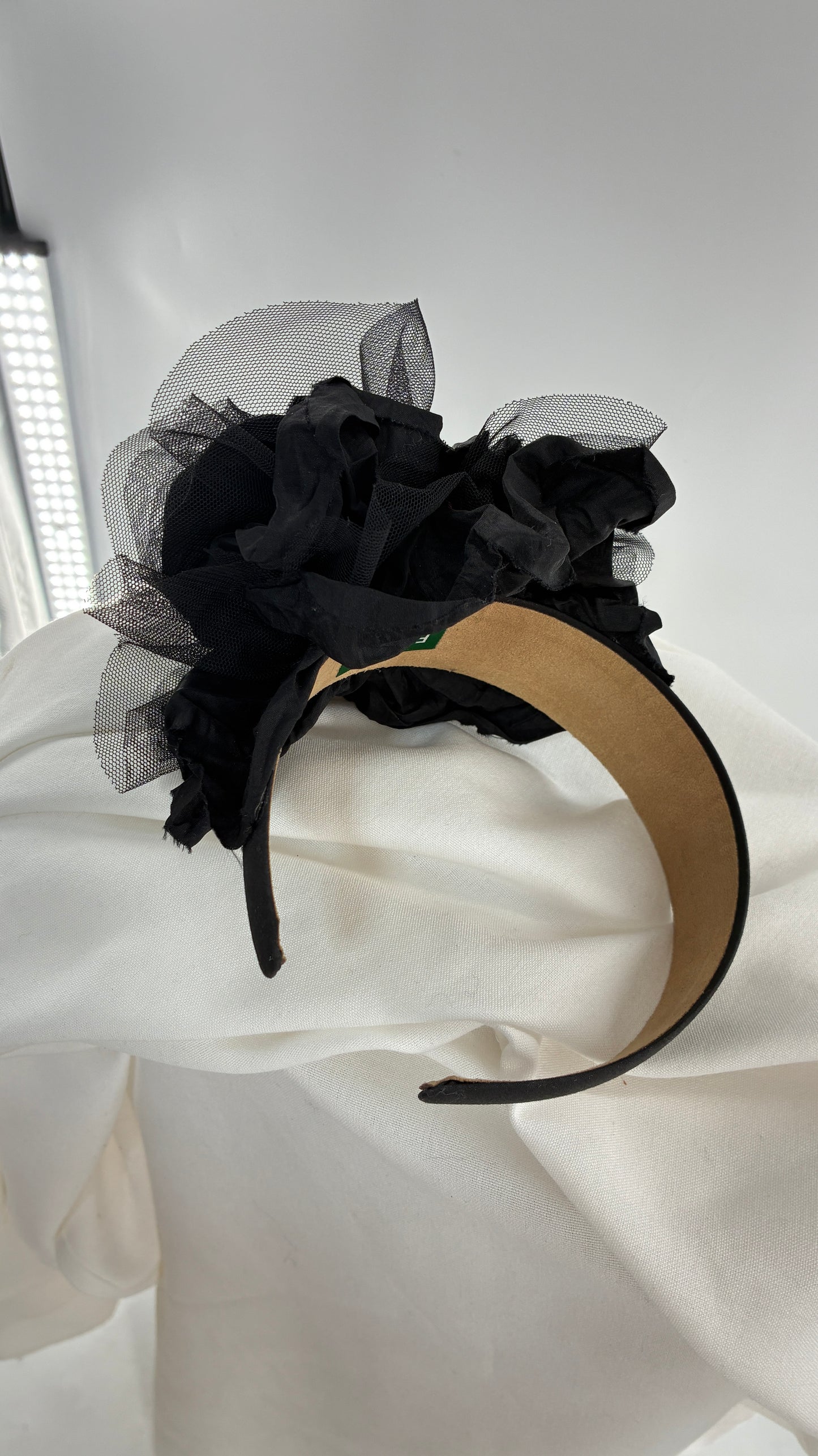 Vintage FARMER Handmade Black Thick Headband with Tulle Appliqué