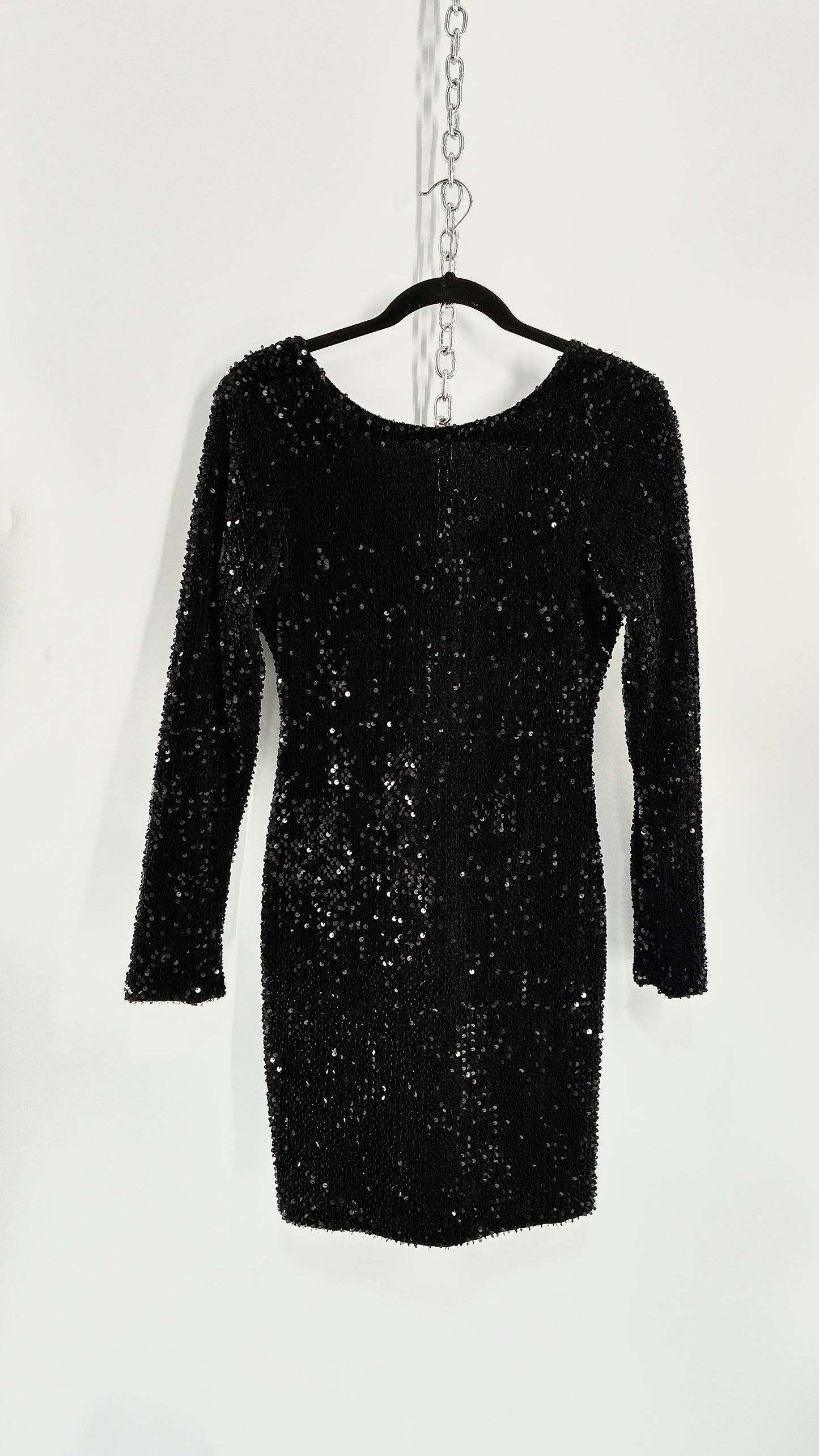 MOTEL Black Thick Velour and Sequin Long Sleeve Bodycon Mini Dress (Medium)