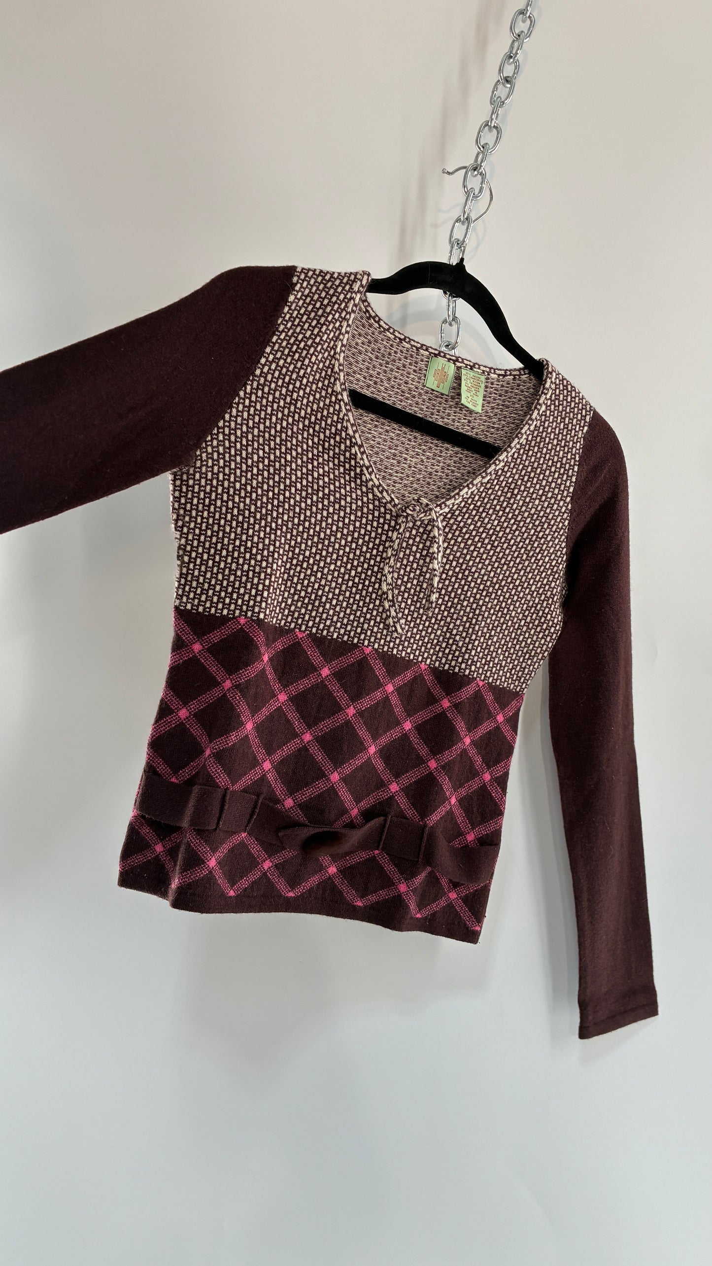 Vintage ANTHROPOLOGIE Lambswool, Rabbit and Cashmere Blend Brown Knit Long Sleeve with Belted, Buttoned Detail (XS)