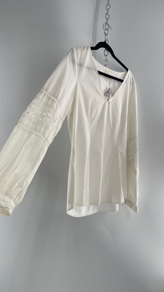 Maeve Anthropologie White 100% Cotton Blouse with Balloon Sleeves, Eyelet Lace, and Armpit Zipper (12)