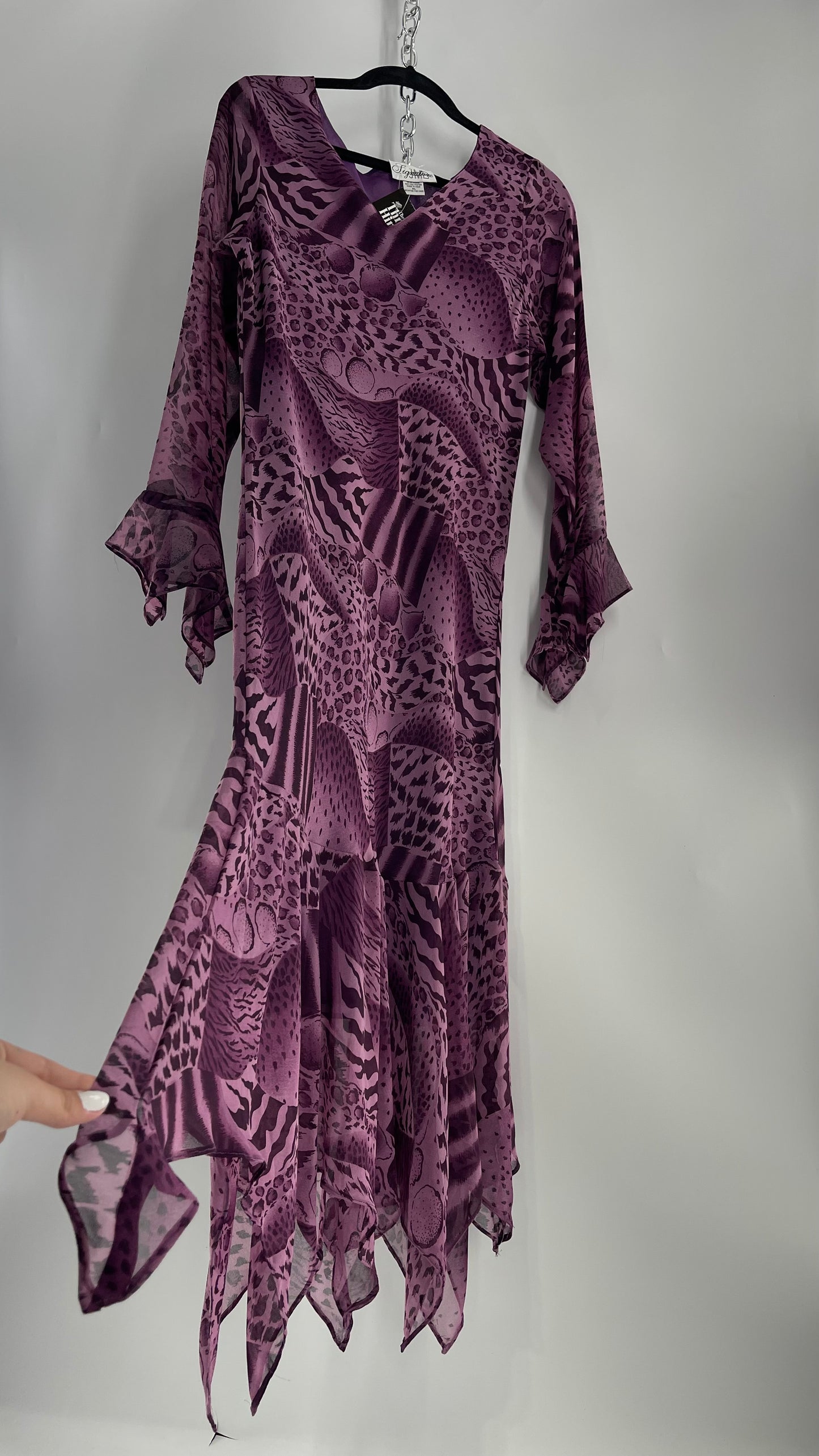 Vintage Signature JMB Suga Plum Fairy, Purple Maxi with Animal Print, Handkerchief Hem and Sleeves (XL)