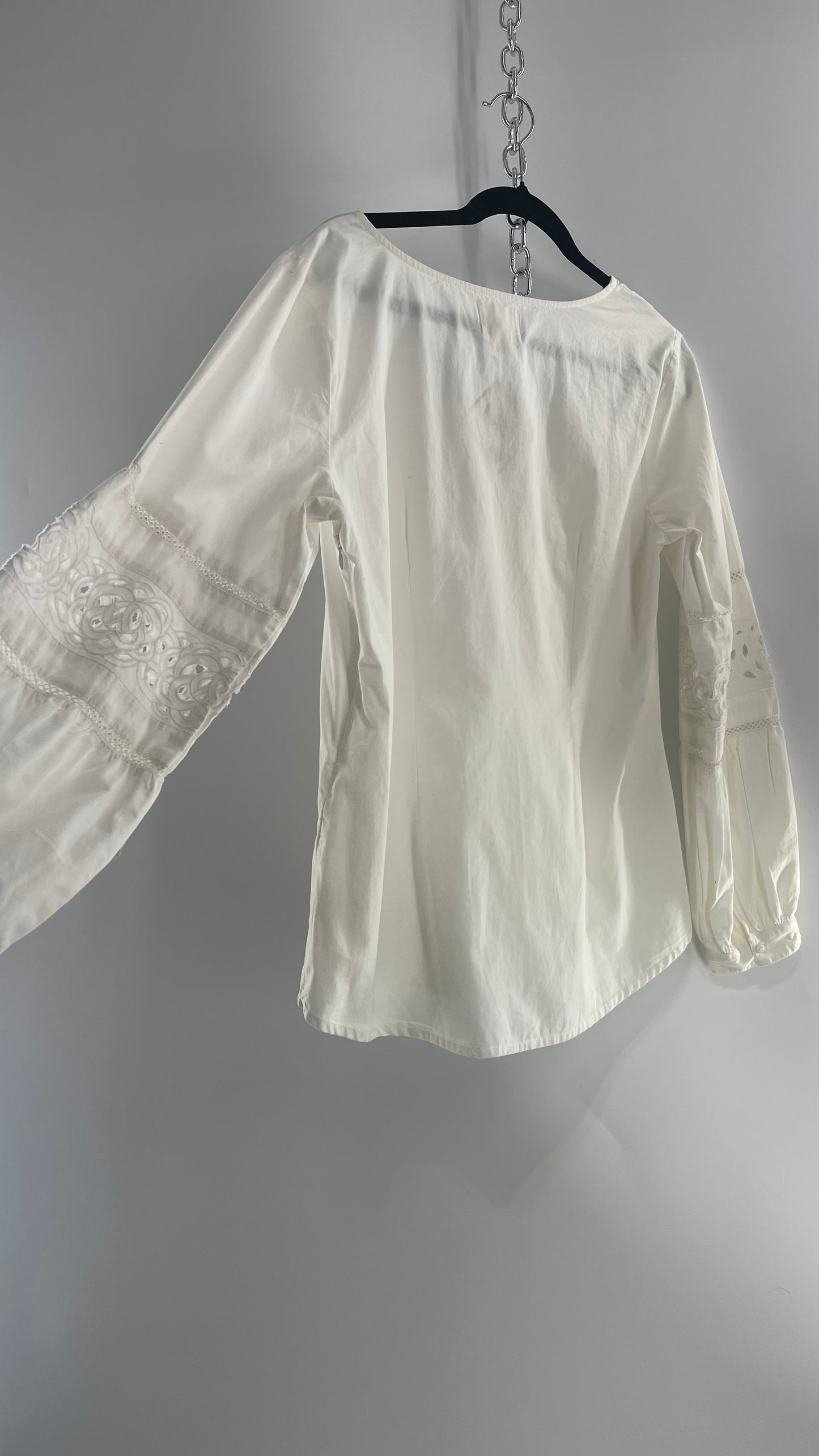 Maeve Anthropologie White 100% Cotton Blouse with Balloon Sleeves, Eyelet Lace, and Armpit Zipper (12)