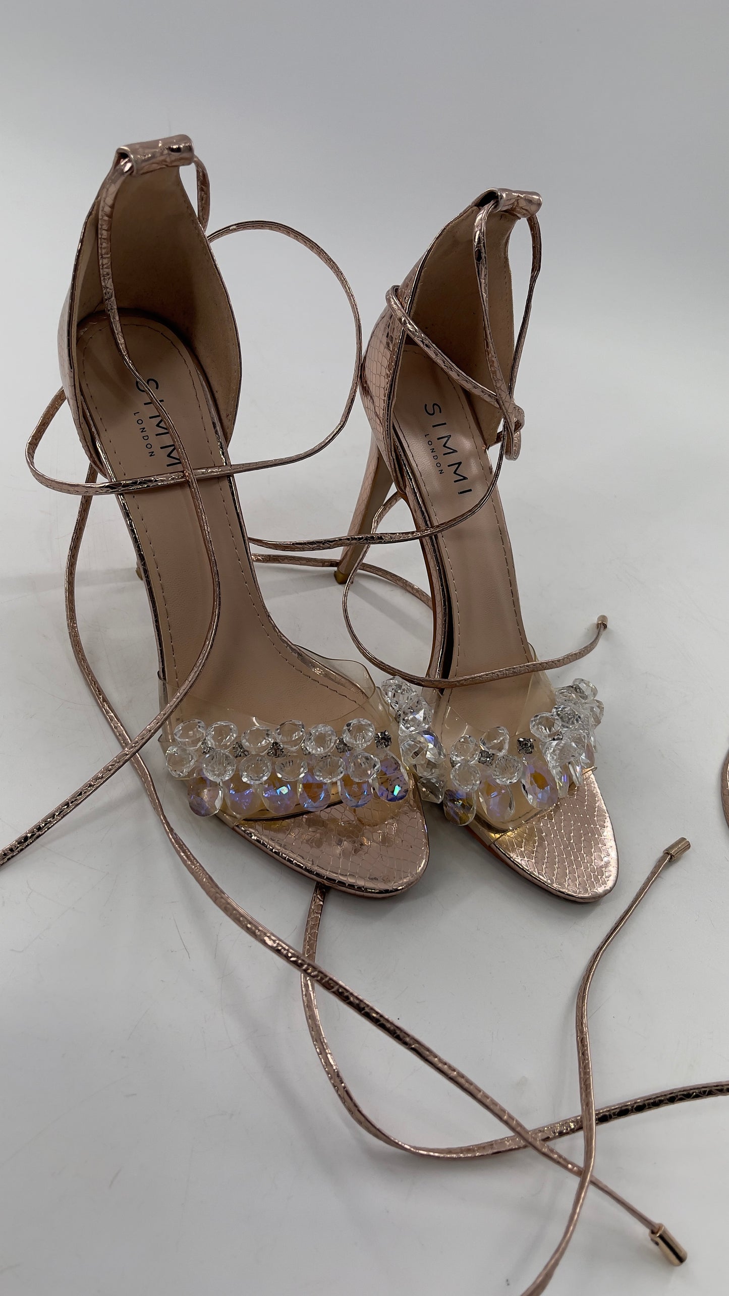 SIMMI LONDON Rose Gold Textured Heels with Clear Toe Strap Covered in Rhinestones/ Crystal Pendants and Tie Up Ankle Straps (7)