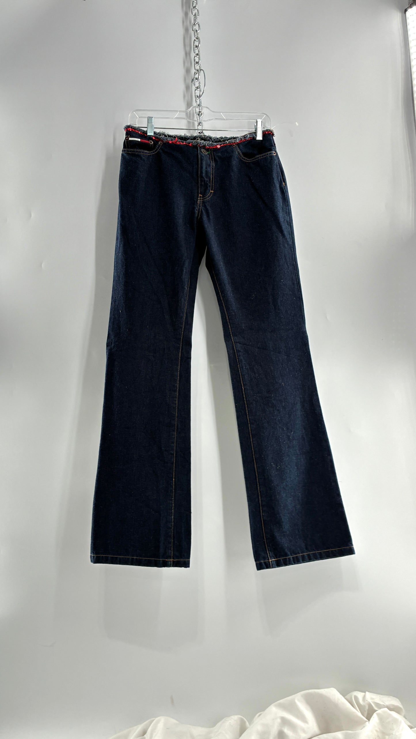 Vintage Tommy Hilfiger Low Rise Jeans with Frayed Waist Lined in Red Sequins (7)
