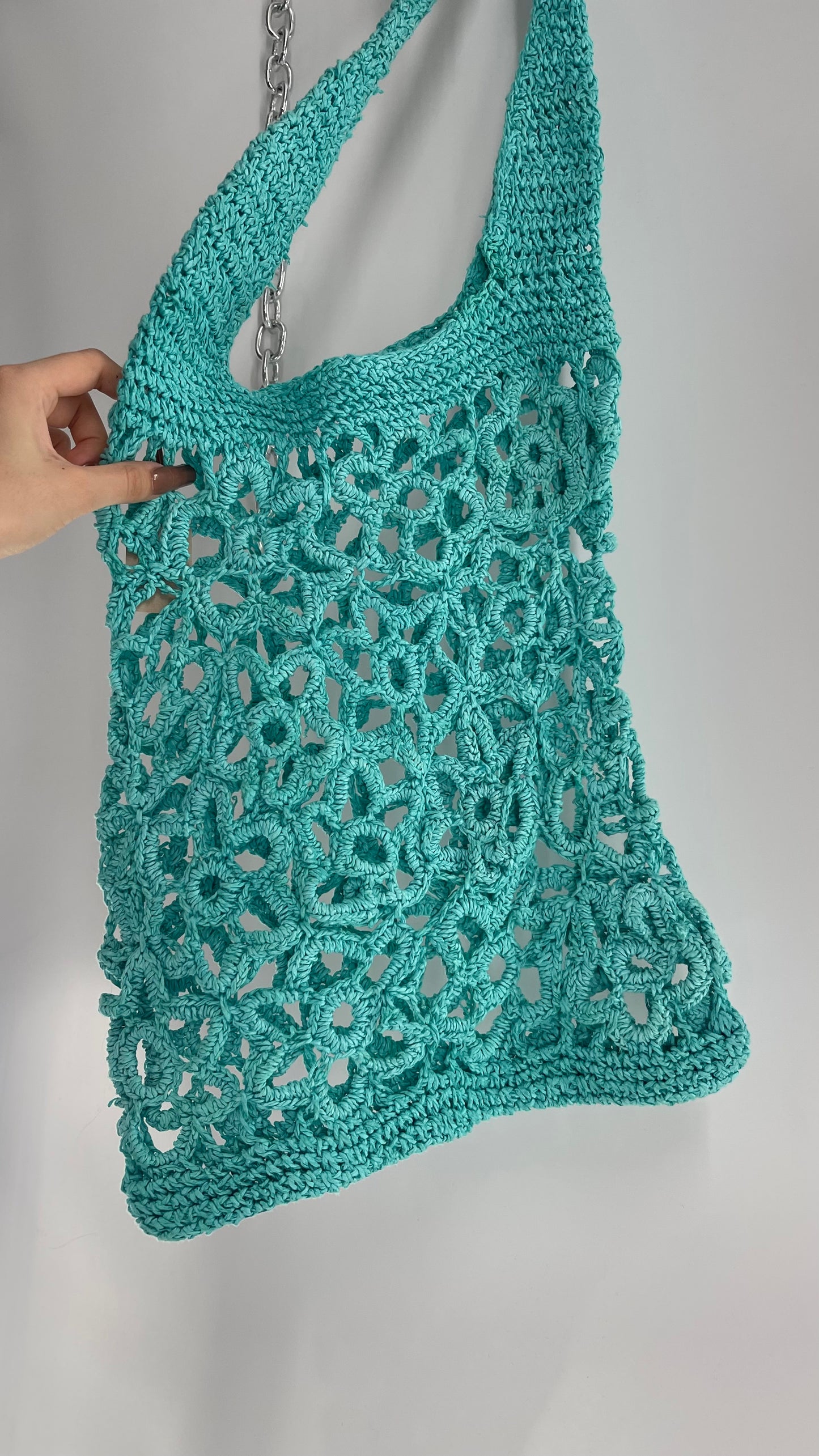 Turquoise Blue Straw Flower Tote Bag