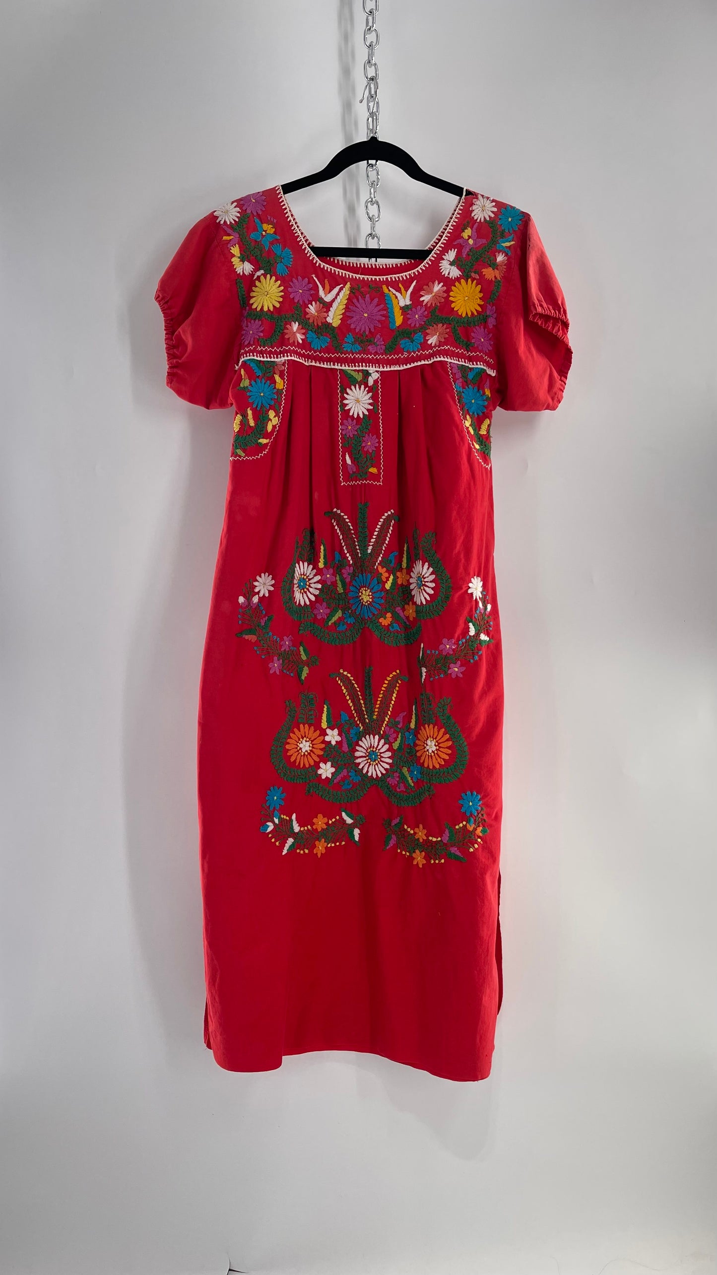 Vintage 1970s Red Cotton Dress with Hand Embroidered Florals Imported from Mexico (Small)