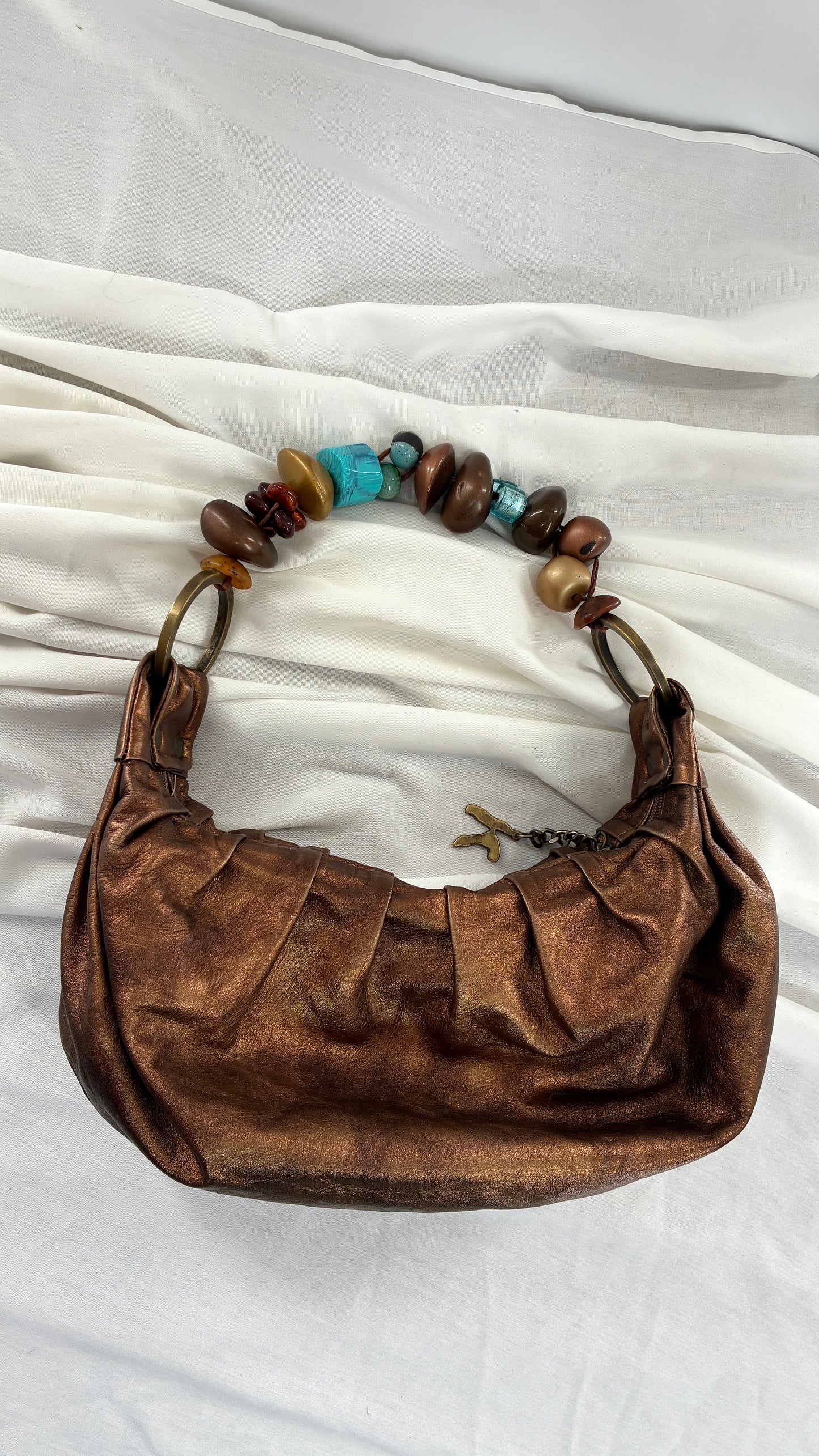 Vintage KARKABA  Metallic Bronze Leather Bag with Exaggerated Beaded Handles