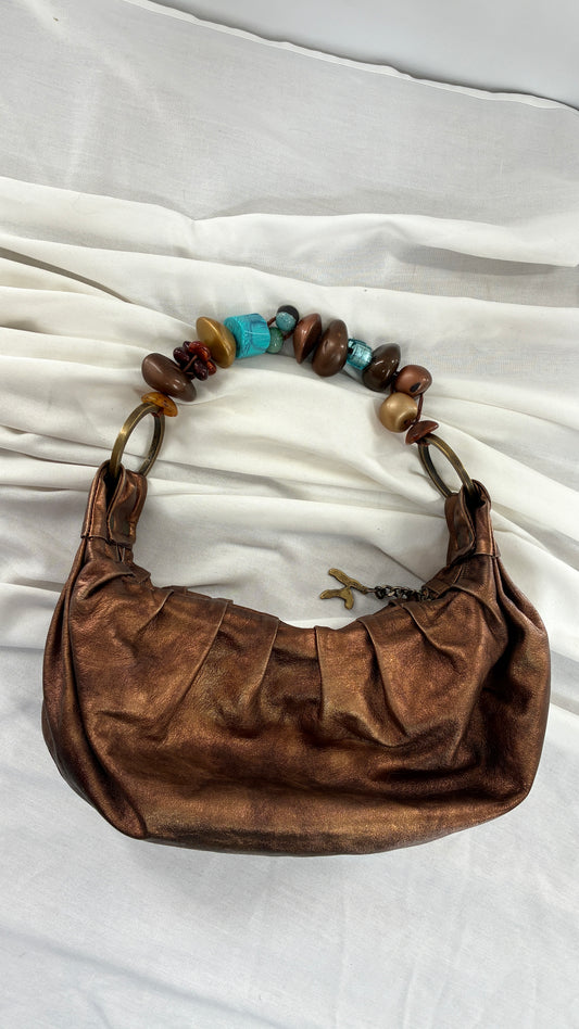 Vintage KARKABA  Metallic Bronze Leather Bag with Exaggerated Beaded Handles