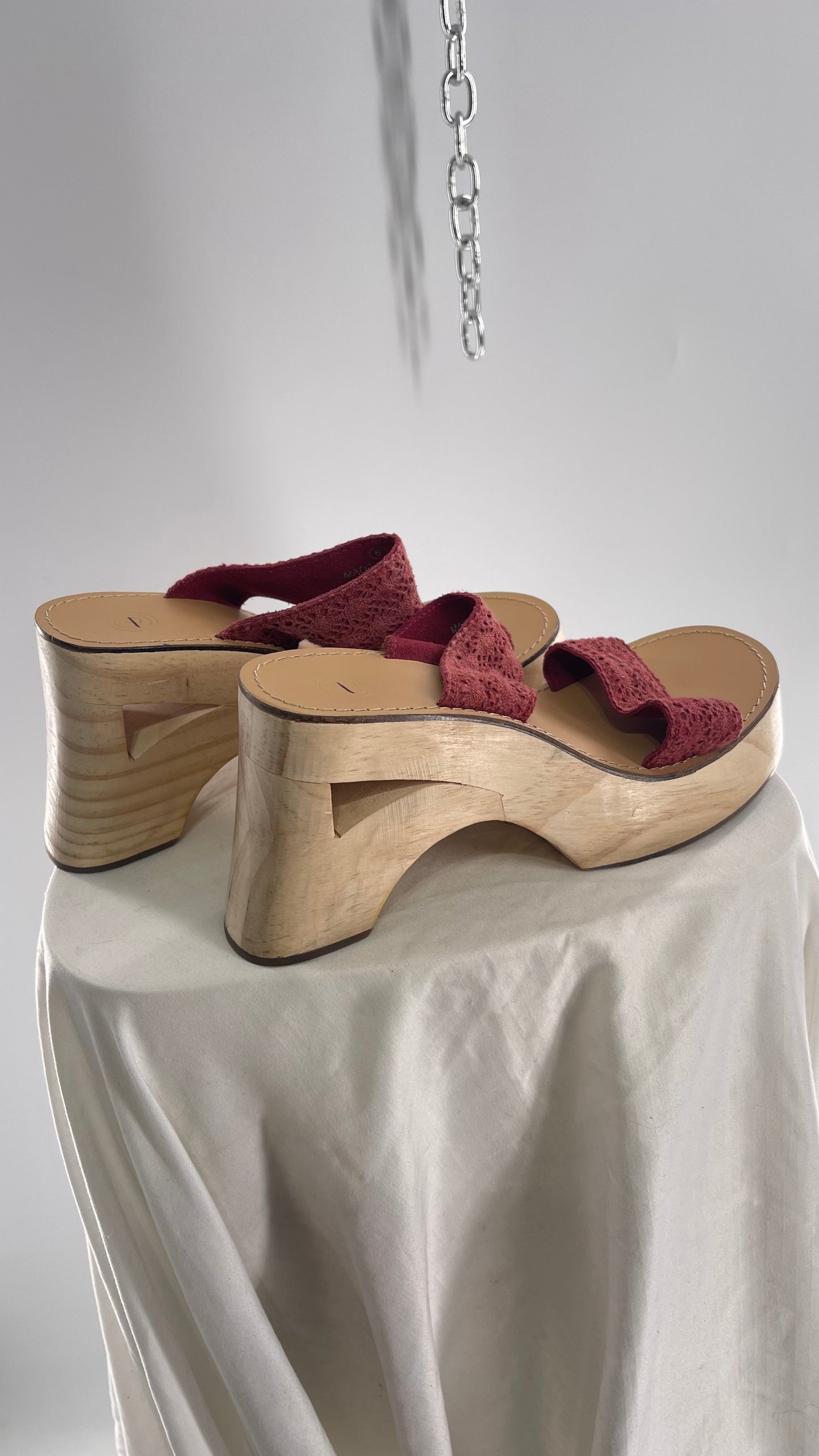 Urban Outfitters Wooden Clog with Leather and Lace Maroon Red Straps (6)