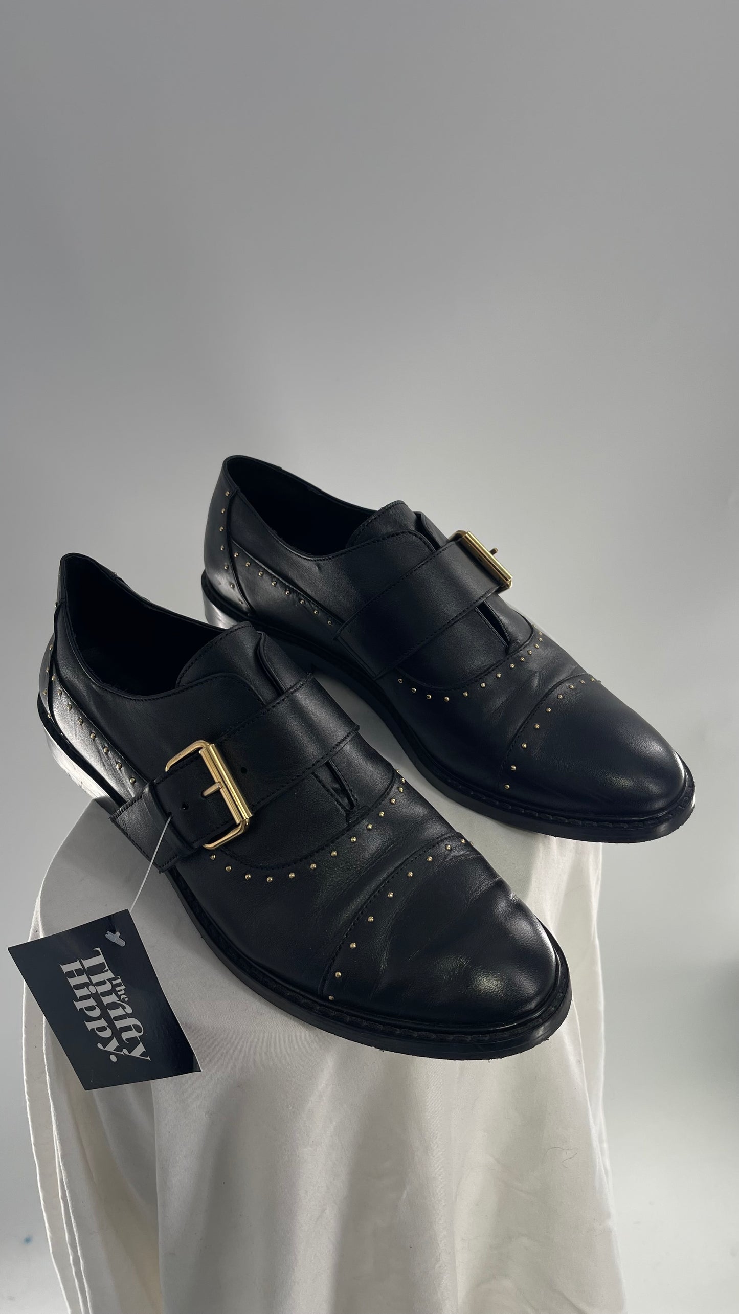 Vintage COSMOPARIS Black Leather Side Buckle Oxford with Gold Stud Details (39)