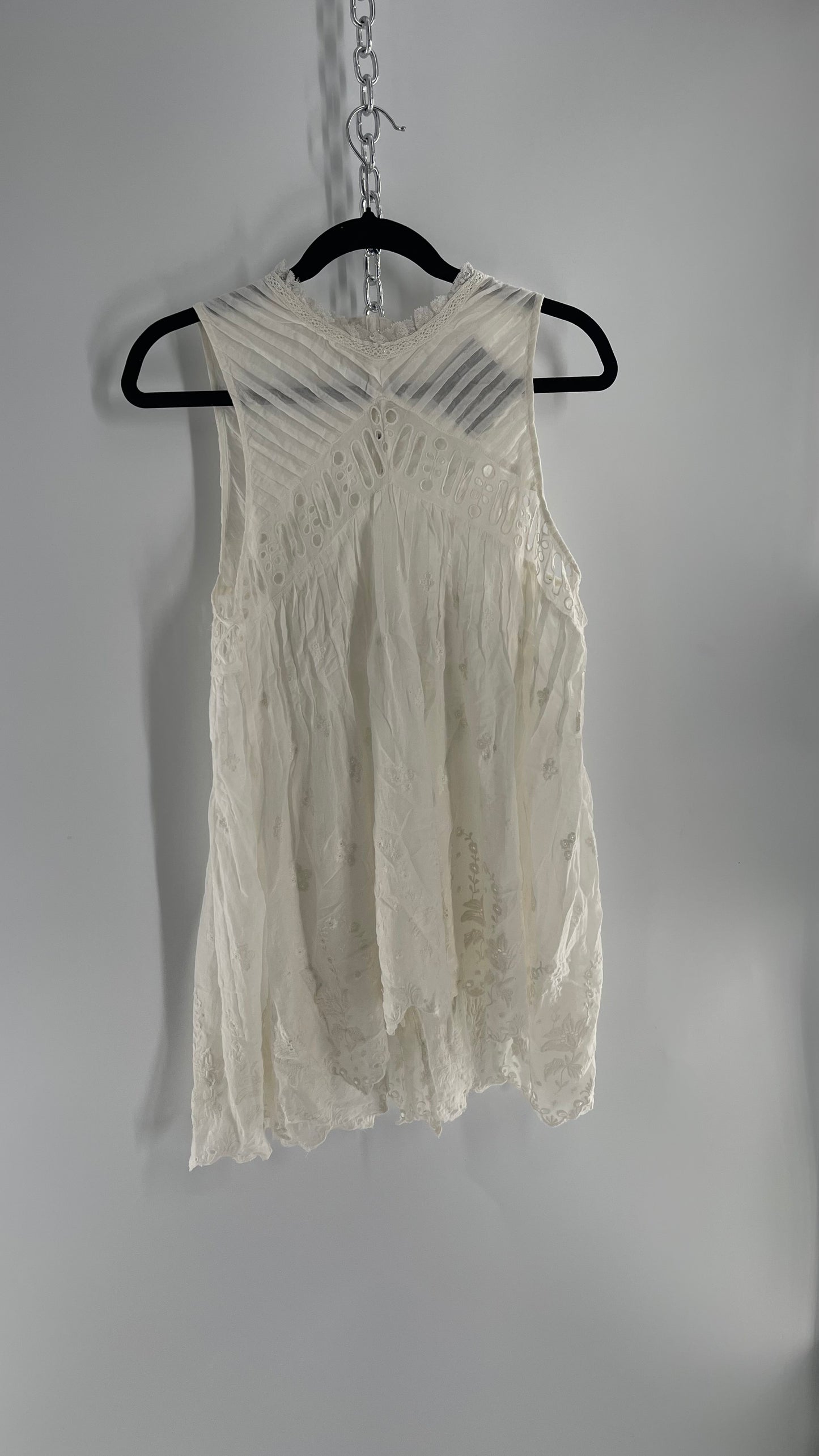 Free People White Cotton Eyelet Embroidered Lace Tank with Pleating, Buttoned and Slit Back (Small)