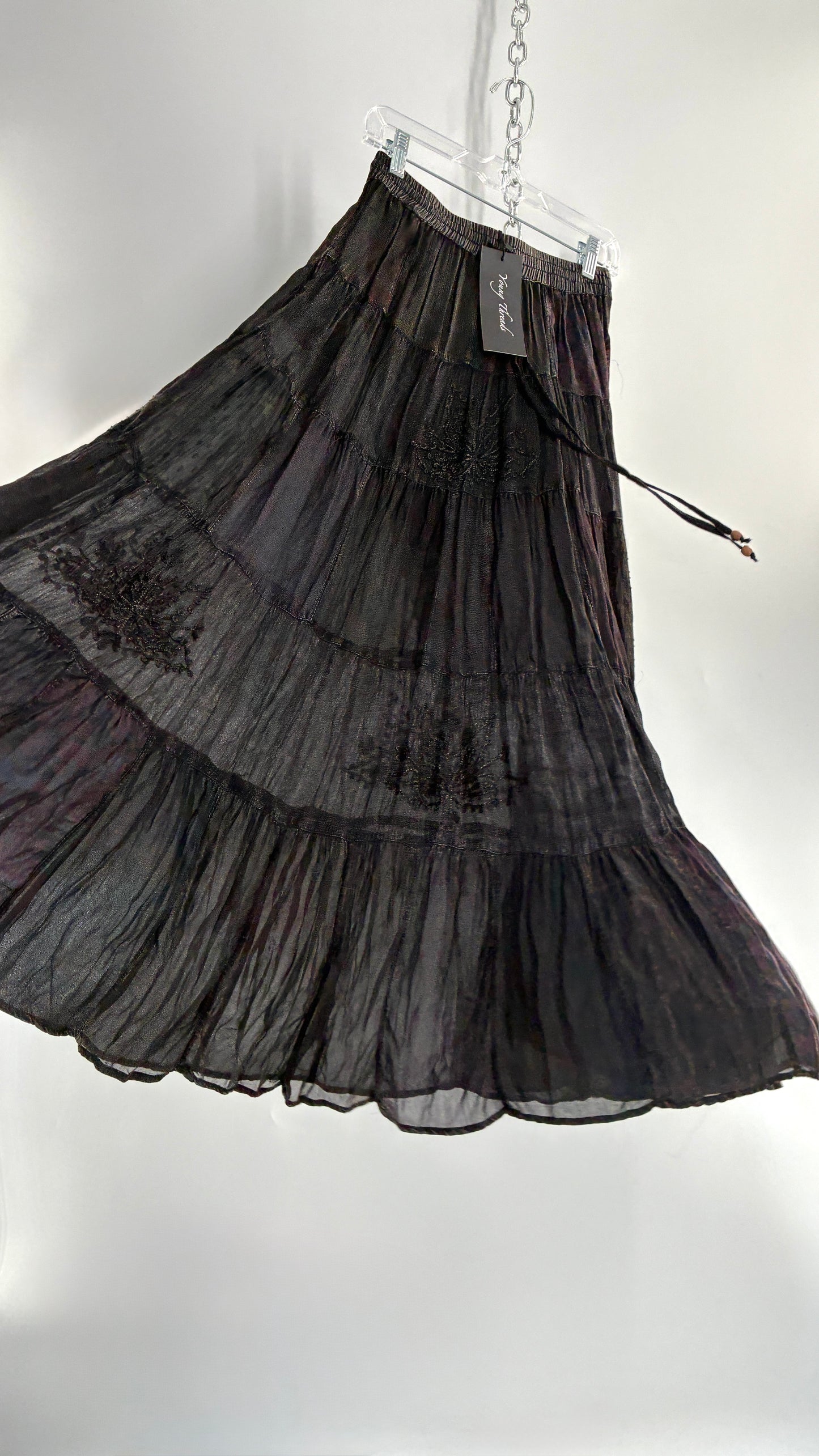 Deadstock Vintage Young Threads Charcoal Patchwork Maxi Skirt with Embroidered Details (Small)