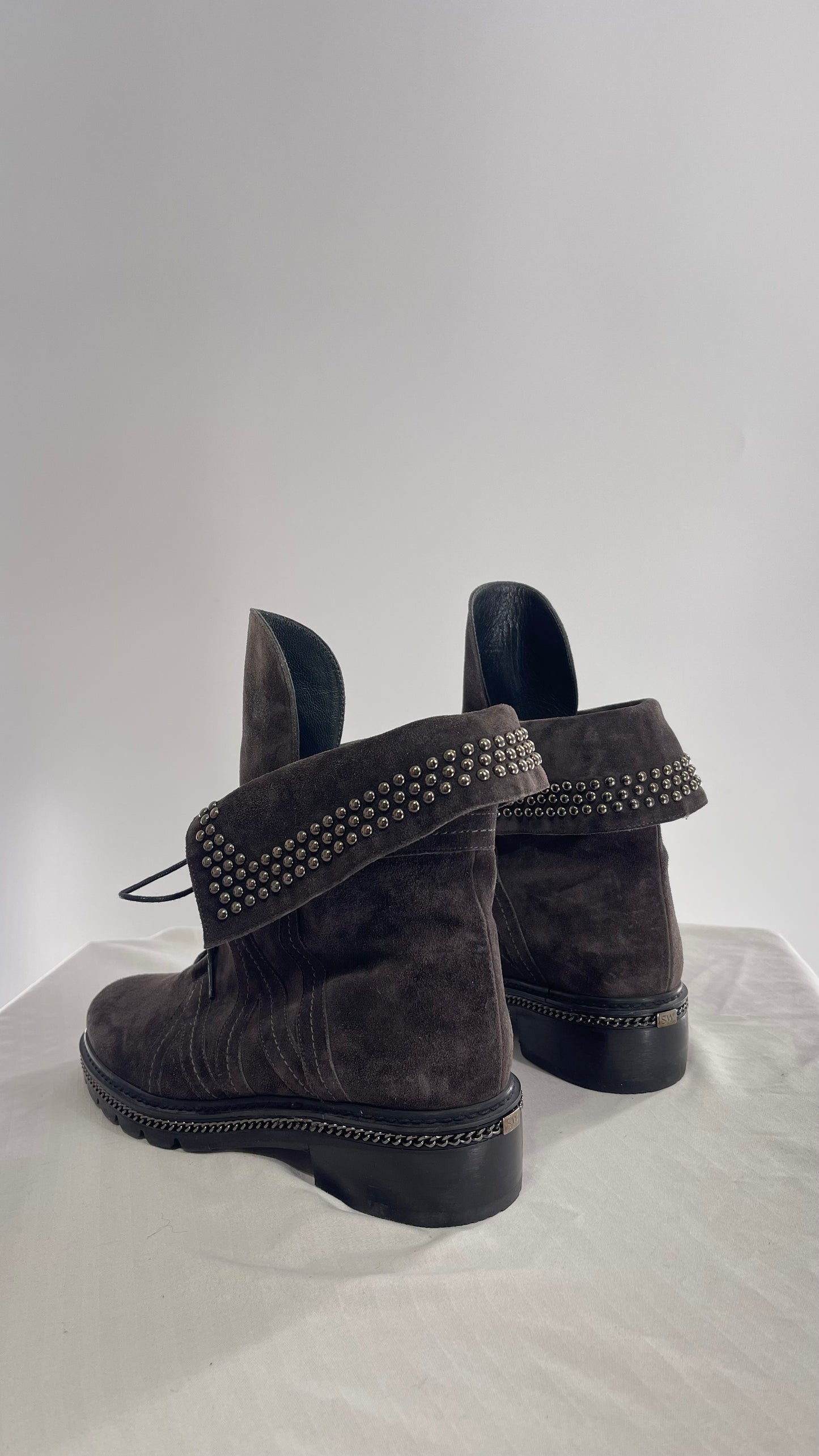 Stuart Weitzman Yadastud Grey Suede Leather Studded, Chainlink Boots (8)