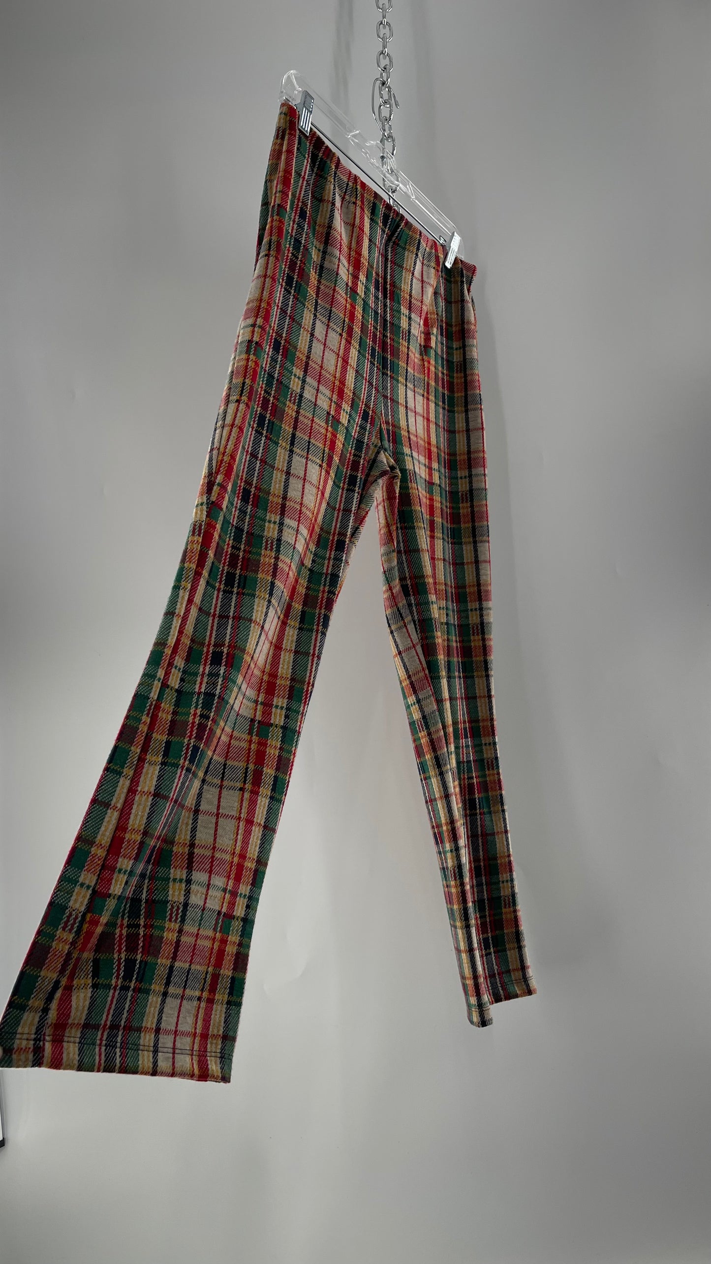 Free People Red\Green Plaid Knit Straight Leg Pants with Elastic Waist ( L)