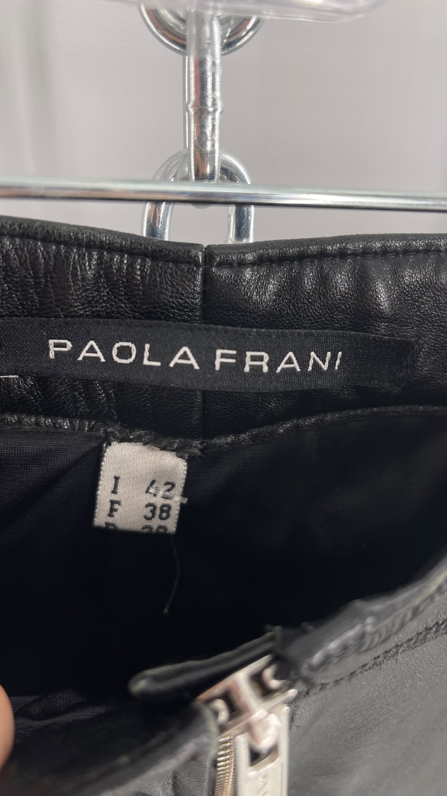 PAOLA FRANI 1990s Black Genuine Leather Low Waisted, Zip Front, Patched Bum and Knee Pants (8)