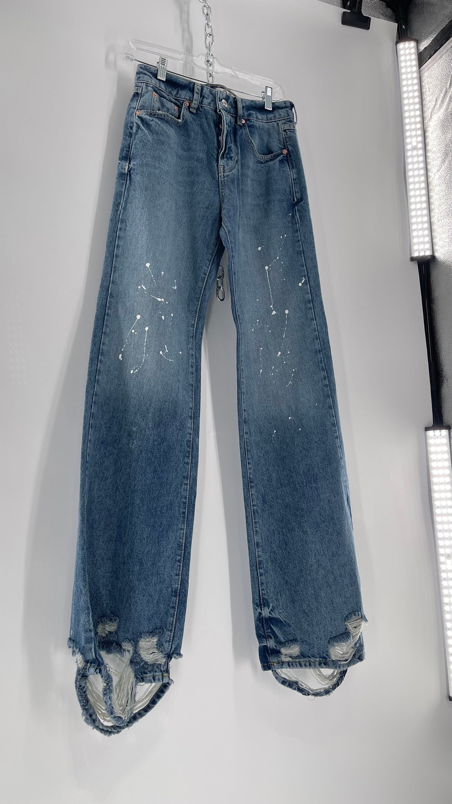 Free People Light Wash Straight Leg Jeans with Distressed Hem, Double Pockets and White Paint with Tags Attached (25)