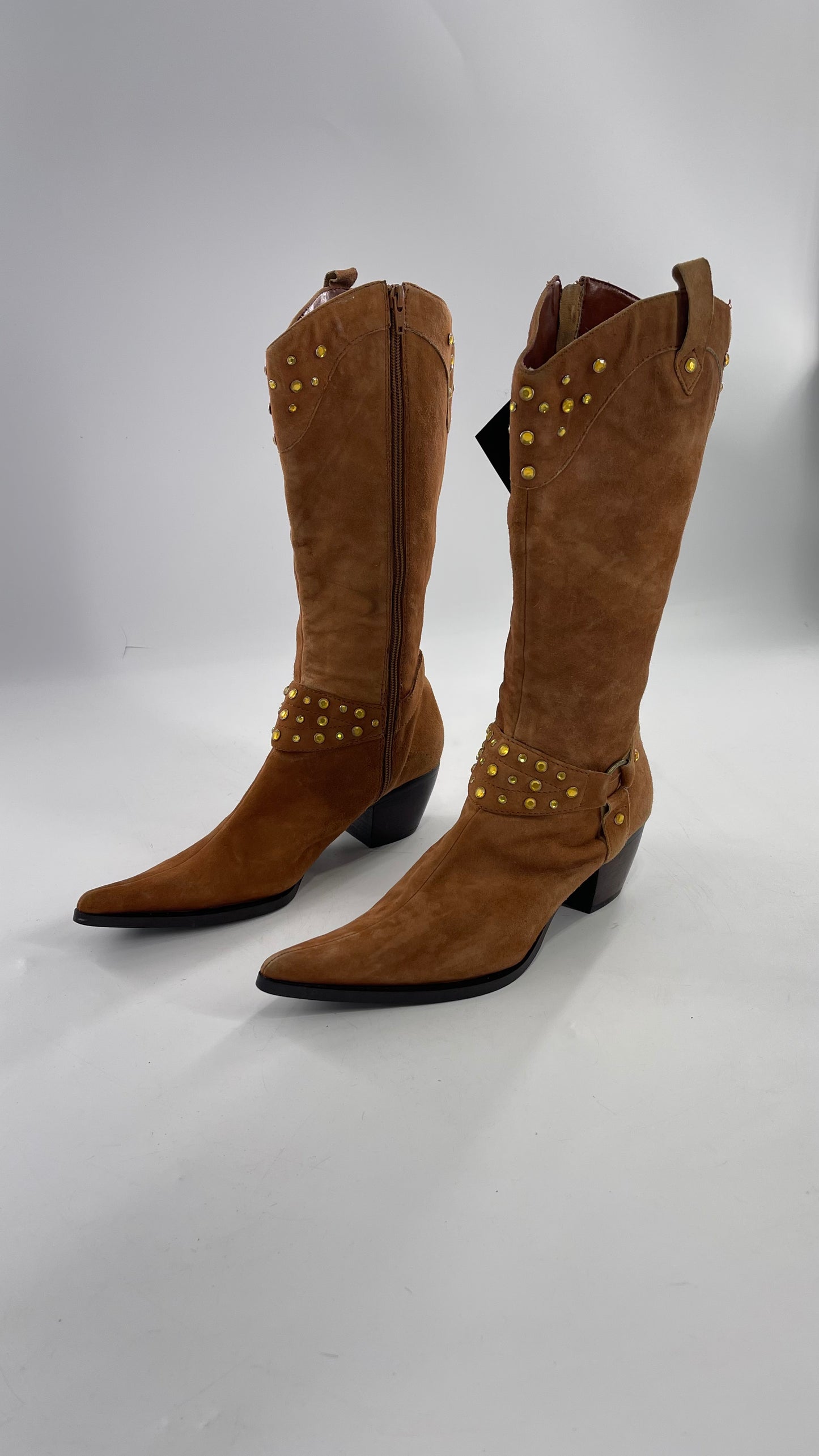 Vintage STEVEN Tan Suede Pointed Cowboy Boots with Yellow Crystal Embellishments (9.5)