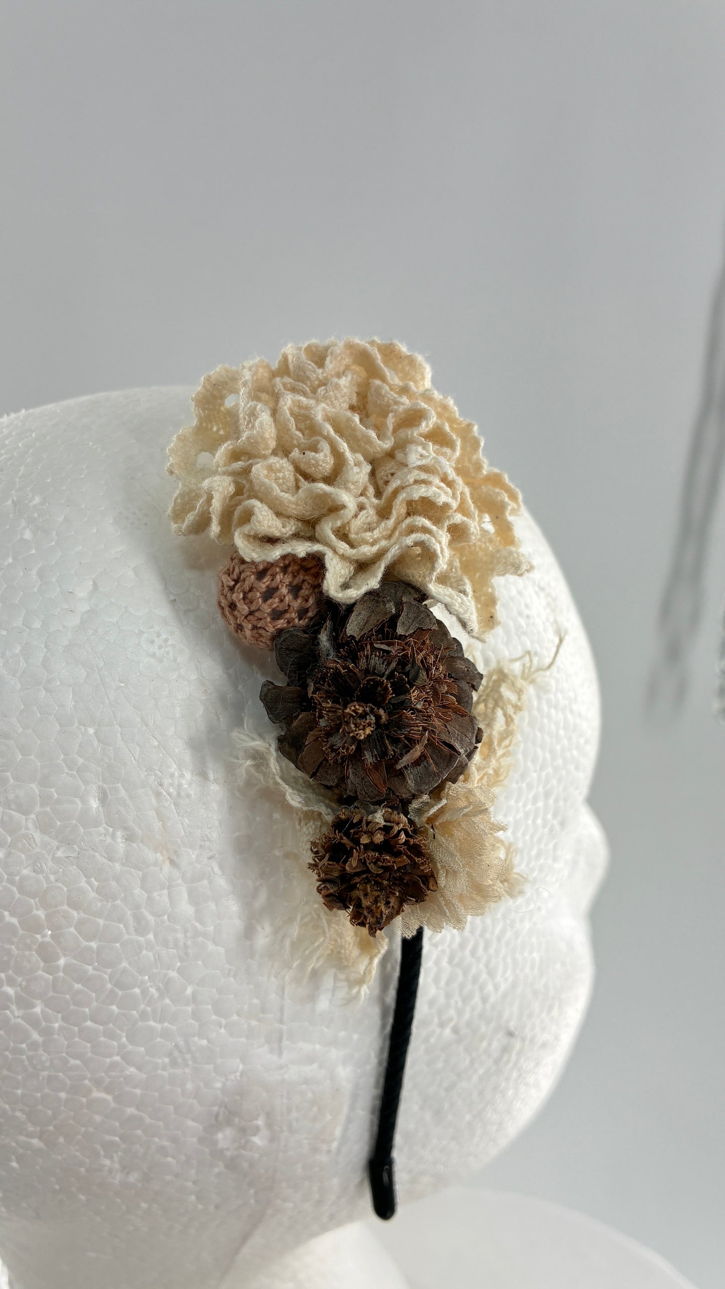 Vintage FARMER Handmade Discrete Headband with Crochet and Pine Appliqués