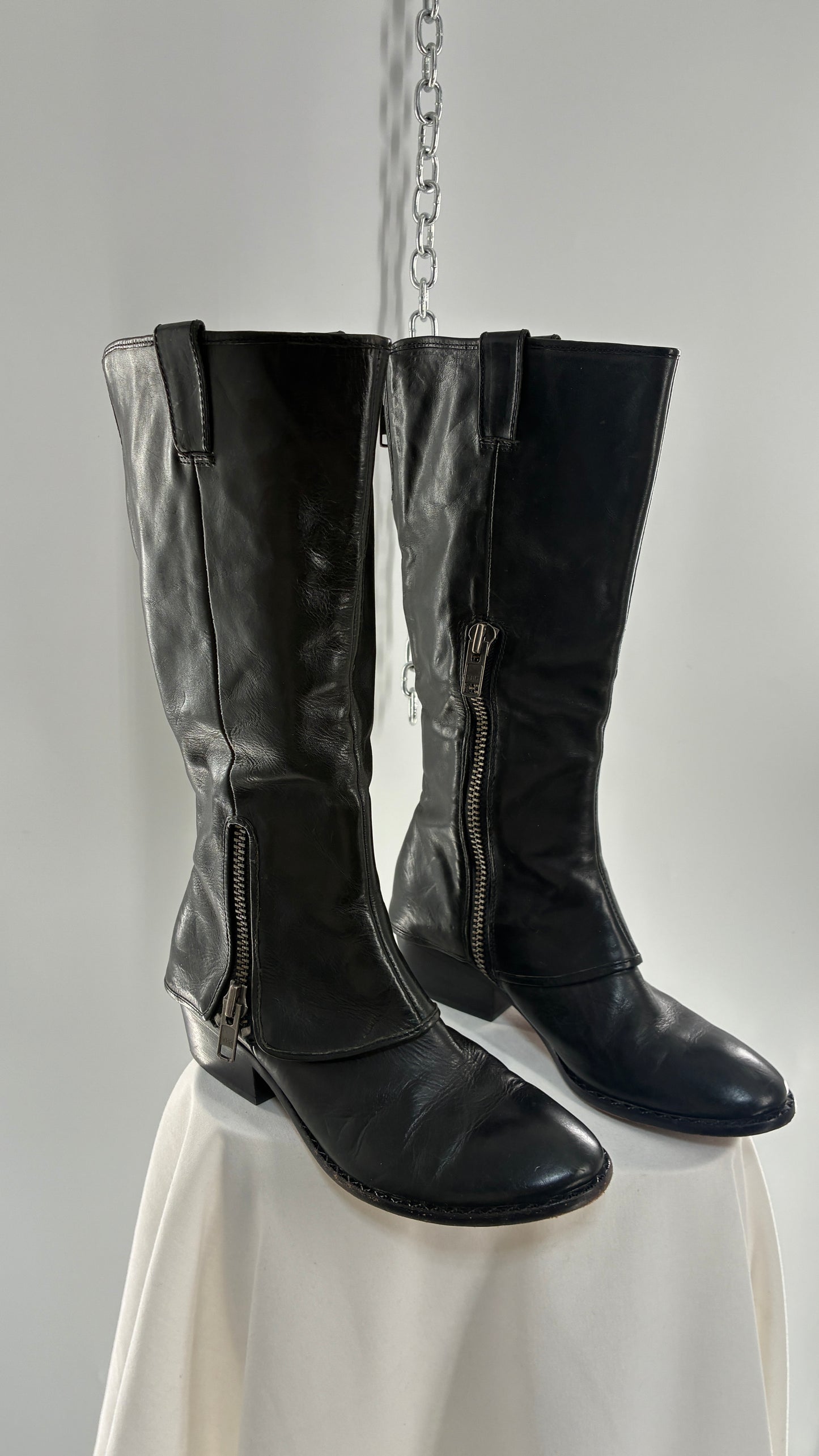Vintage KORK EASE Black Genuine Leather Fold Over Boots with Heavy Metal Detailing (9/40.5)